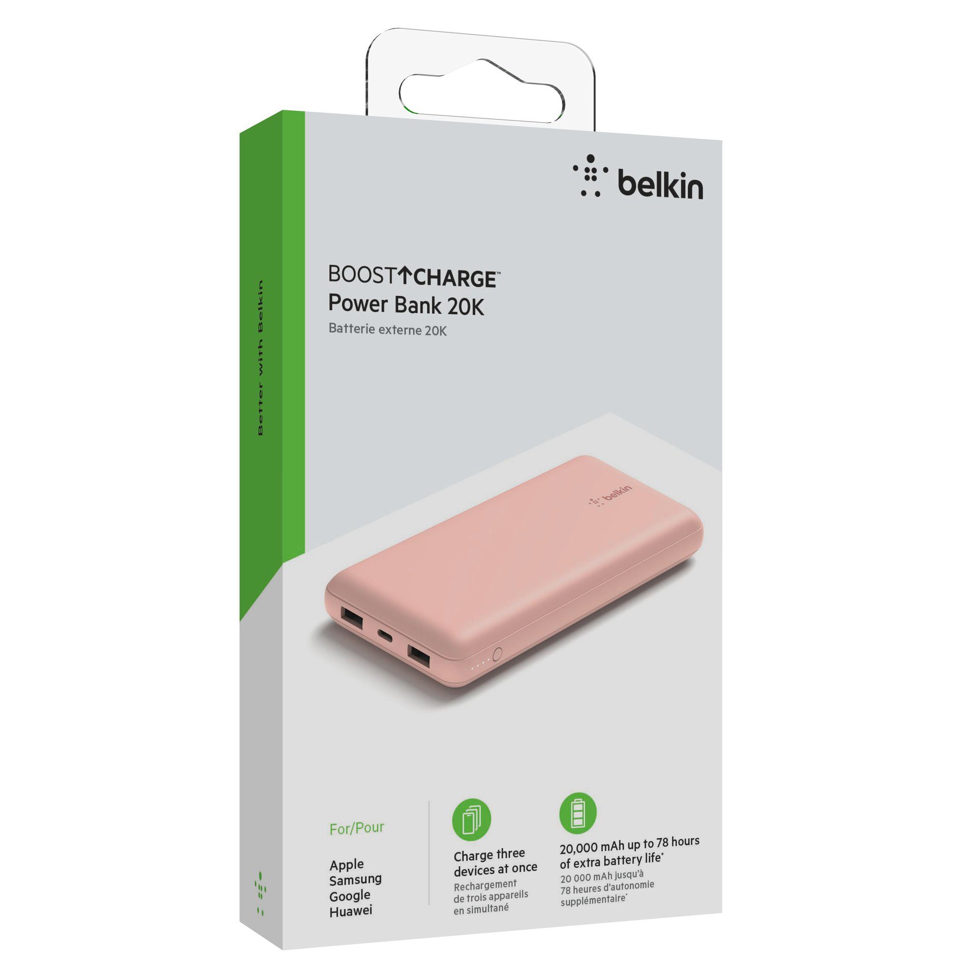 für 2x Geräten 1x USB-C, Laden Belkin BoostCharge von Stunden Powerbank, Watt zum Powerbank 20.000mAh USB-A, Rosa 3 Power zu 15 78 bis