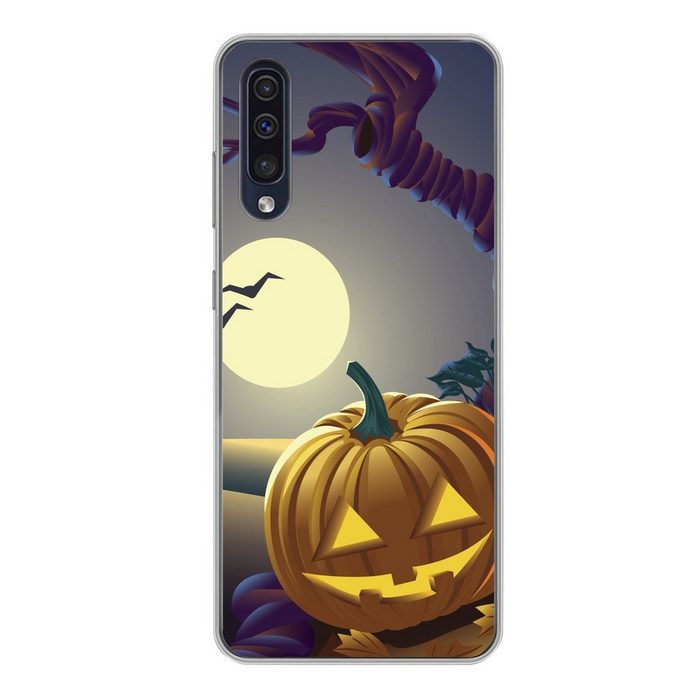 MuchoWow Handyhülle Zwei Kürbisse in einer Halloween-Nacht in einer Illustration Handyhülle Samsung Galaxy A50 Smartphone-Bumper Print Handy
