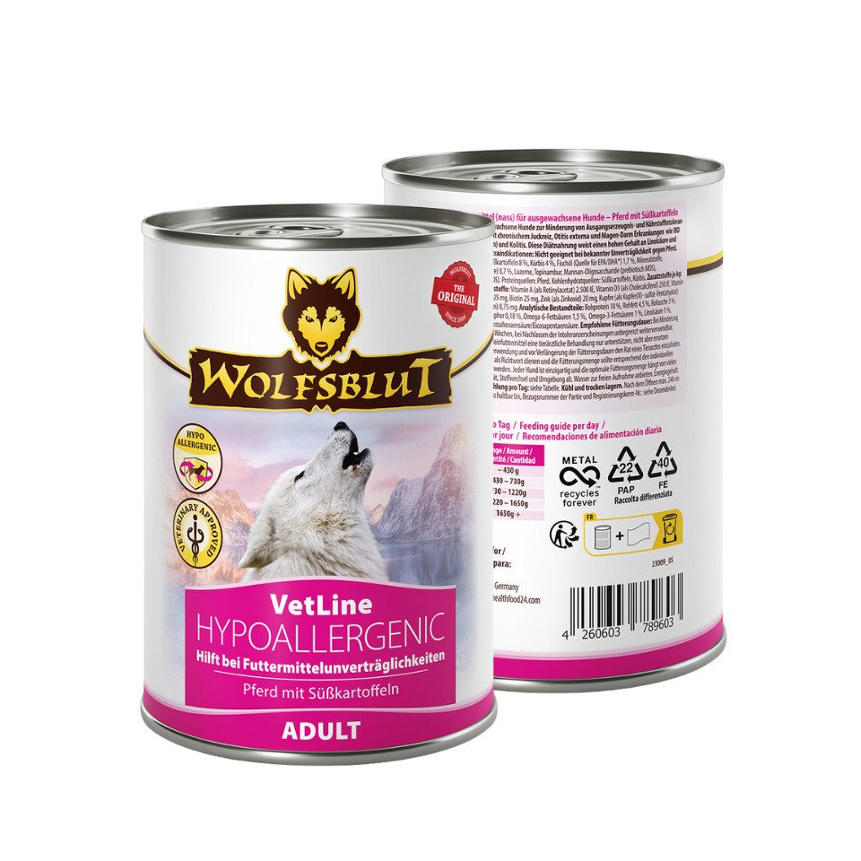 Wolfsblut Vetline Hypoallergenic - hyperallergenes Nassfutter für sensible Hunde 6x395g, Nassfutter für: Hunde