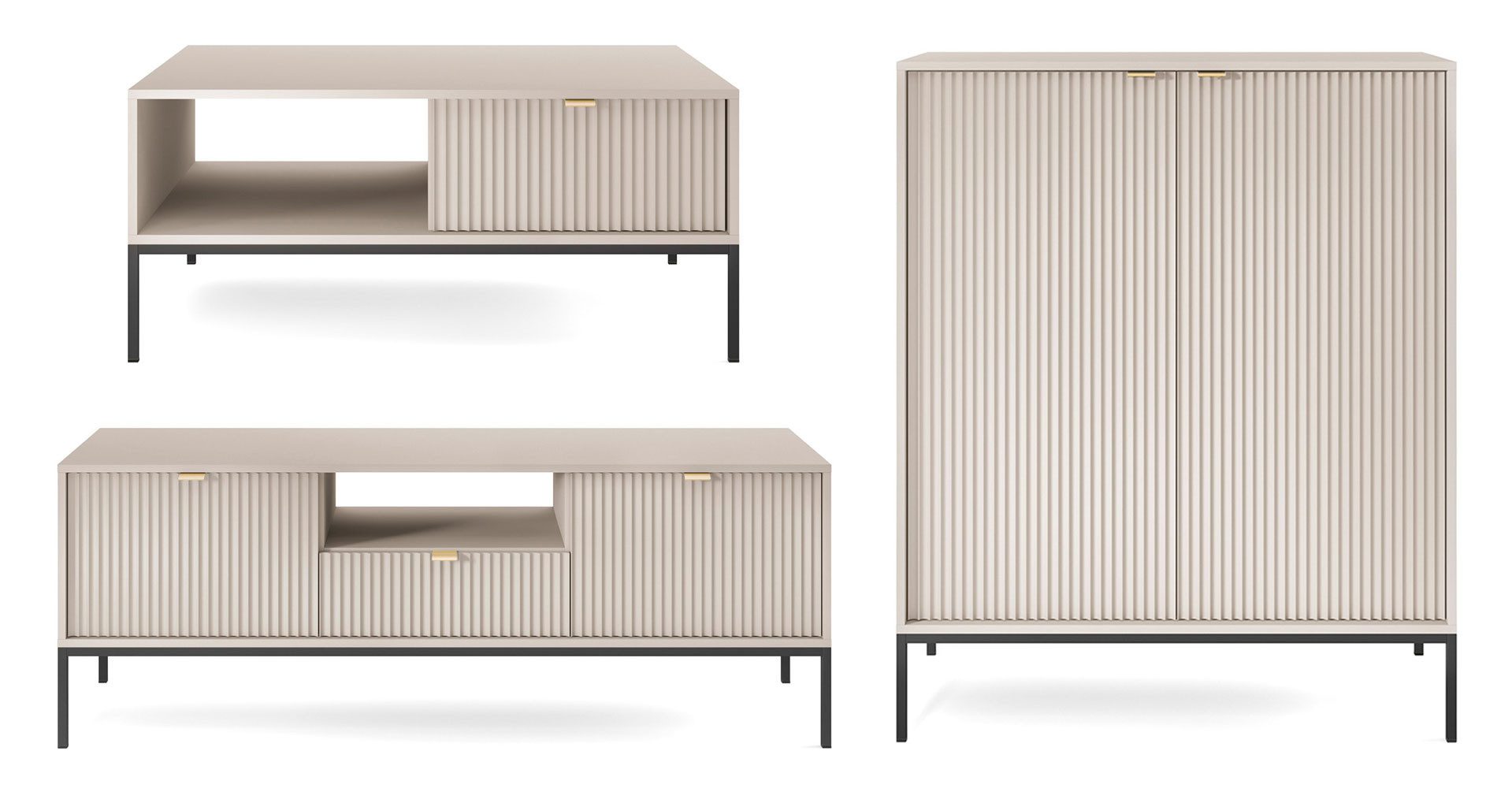 Feldmann-Wohnen Wohnwand Nova, (1 Lowboard, 1 Highboard, 1 Couchtisch, 1-St., Riffel-Optik Front, goldfarbene Metallgriffe, ABS-Kanten), 3-teilig Kaschmir