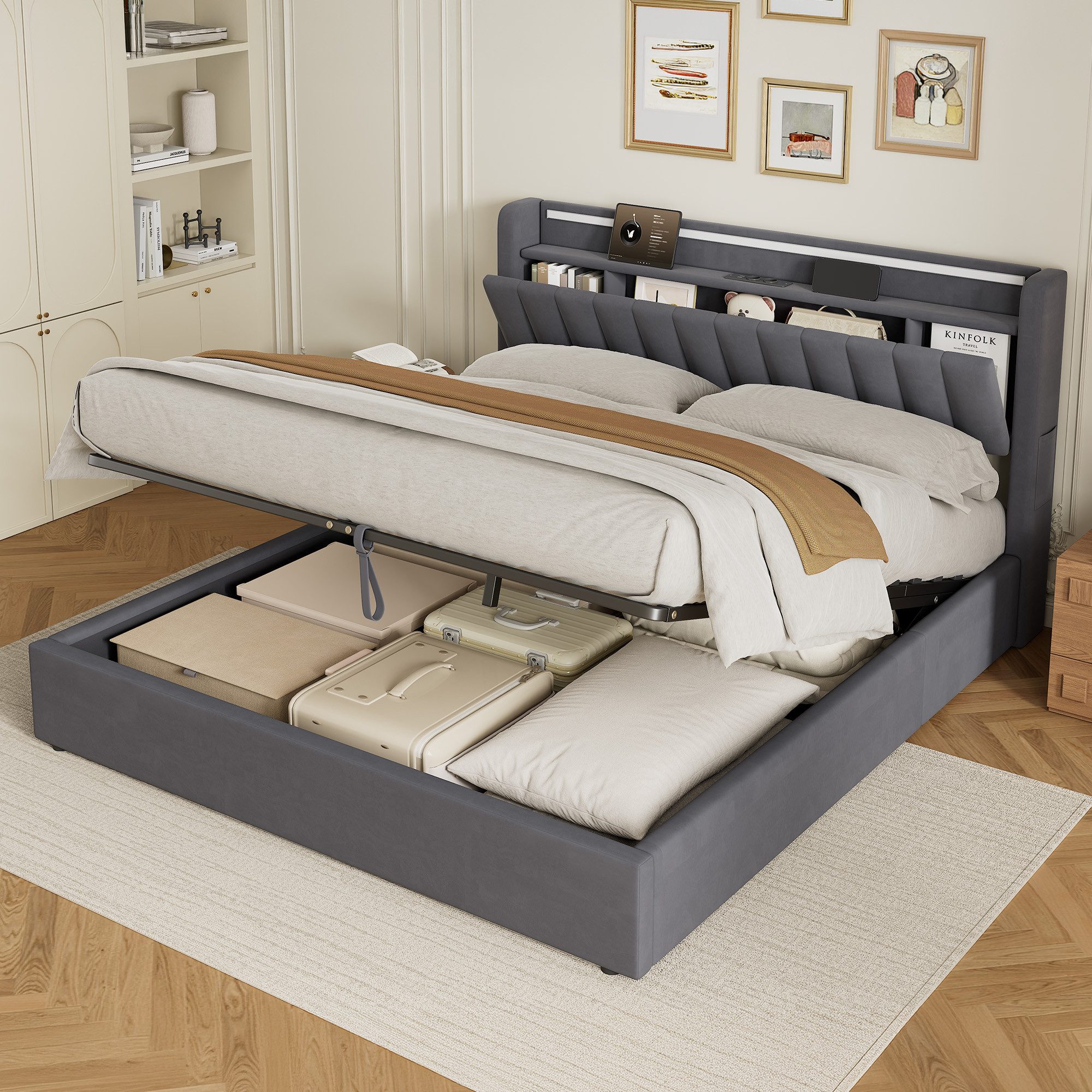 HAUSS SPOLE Polsterbett 160×200 Stauraumbett mit Bettkasten,Doppelbett Boxspringbett in Grau (160×200 Bettgestell Komfort-Einzelbett Schlafzimmerbett aus Samt, stabile Stahl-Holz-Konstruktion für hohen Schlafkomfort), Bettrahmen ohne Matratze