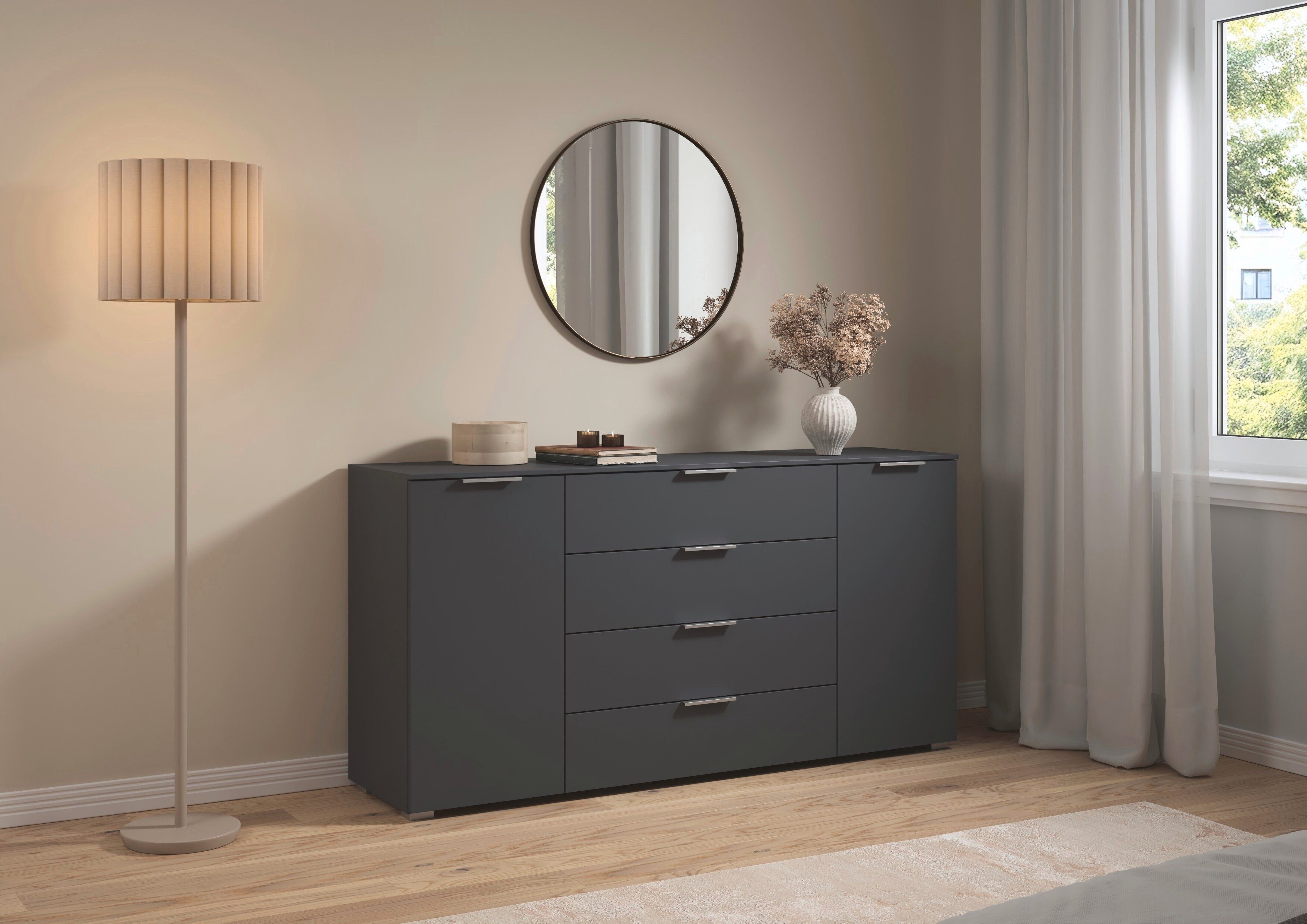 OTTO home Kombikommode Kommode Sideboard Schubladenkommode Schlafzimmerkommode ASTANA (Breite 160 cm / Höhe 81 cm, mit 4 Einlegeböden), 2-türig, 4 geräumige Schubladen, Kantengriff Alufarben MADE IN GERMANY