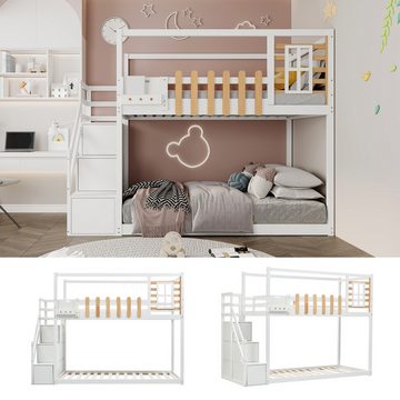DOPWii Kinderbett 90x200cm Etagenbett mit Fallschutzgitter,Treppe,Fenster,Regalkasten, Rahmen aus massivem Kiefernholz,mit 3 Schließfächer,Weiß