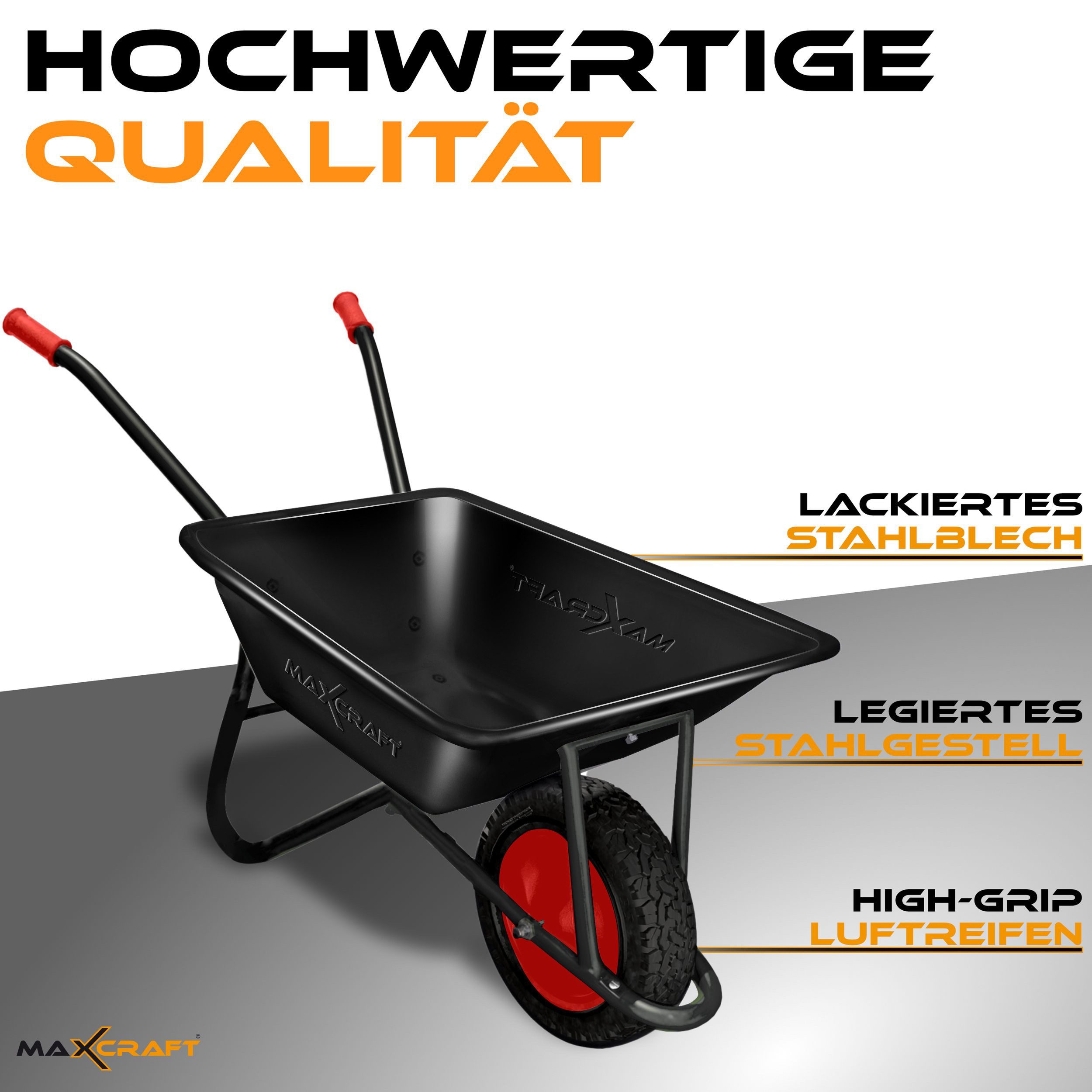 MAXCRAFT Schubkarre Bauschubkarre 250 kg 100 L Gartenkarre Luftbereifung Schwarz / Rot