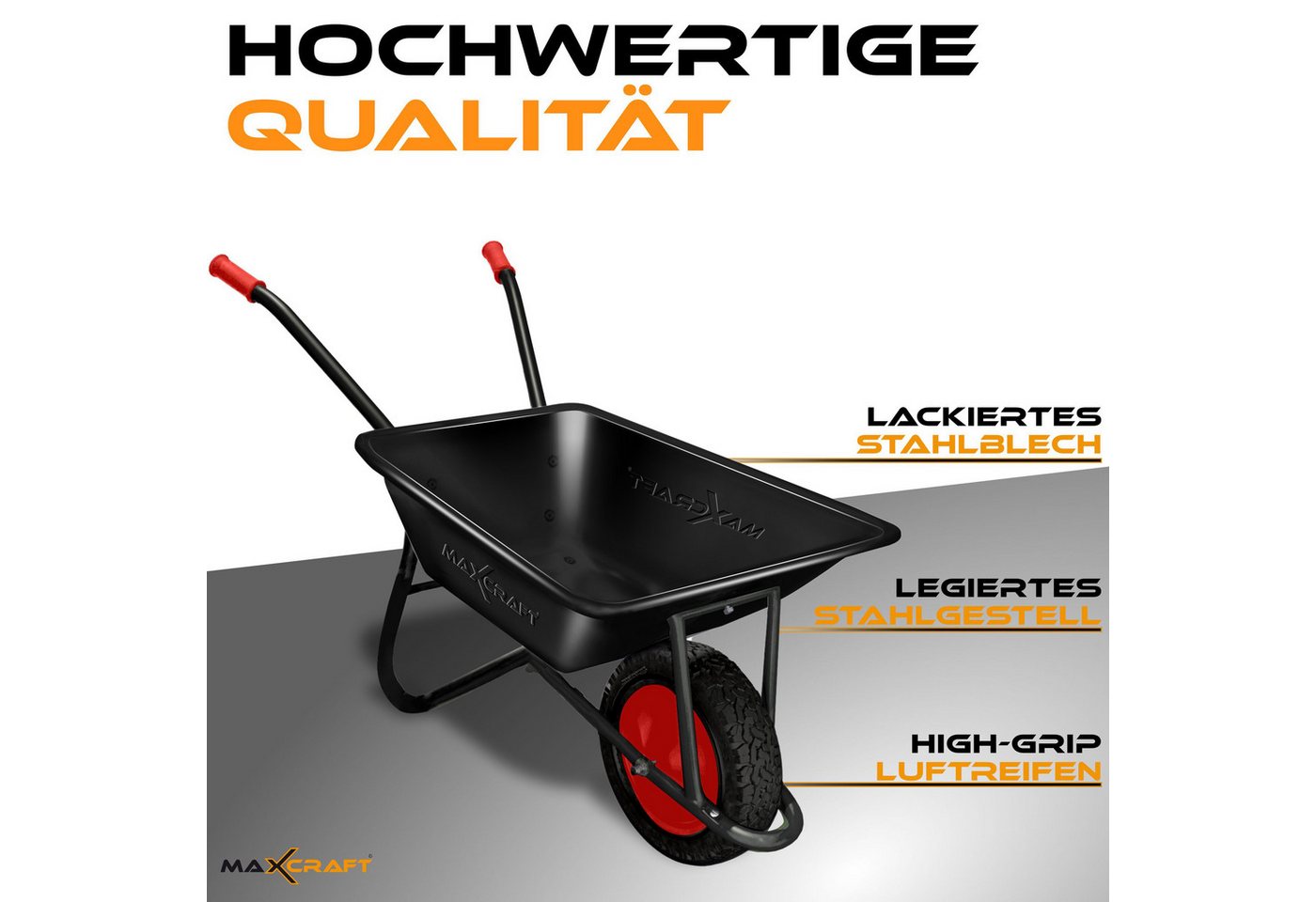Thumbnail - MAXCRAFT Schubkarre Bauschubkarre 250 kg 100 L Gartenkarre Luftbereifung Schwarz / Rot