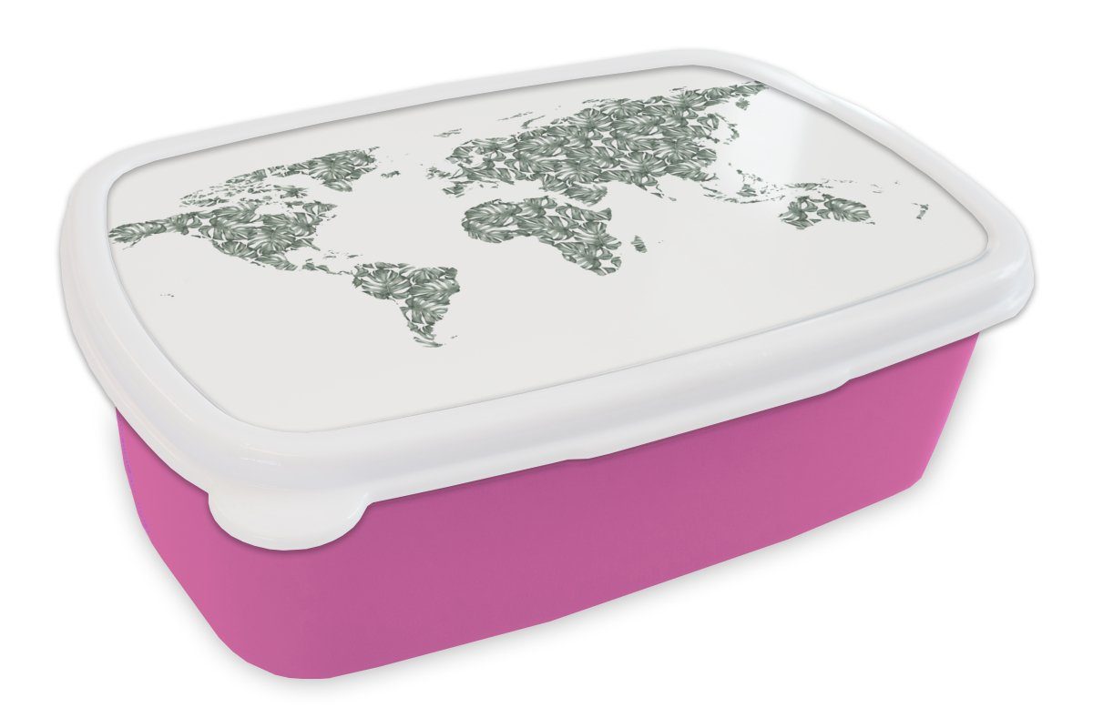 MuchoWow Lunchbox Weltkarte - Tropische Pflanzen - Weiß, Kunststoff, (2-tlg), Brotbox für Erwachsene, Brotdose Kinder, Snackbox, Mädchen, Kunststoff rosa
