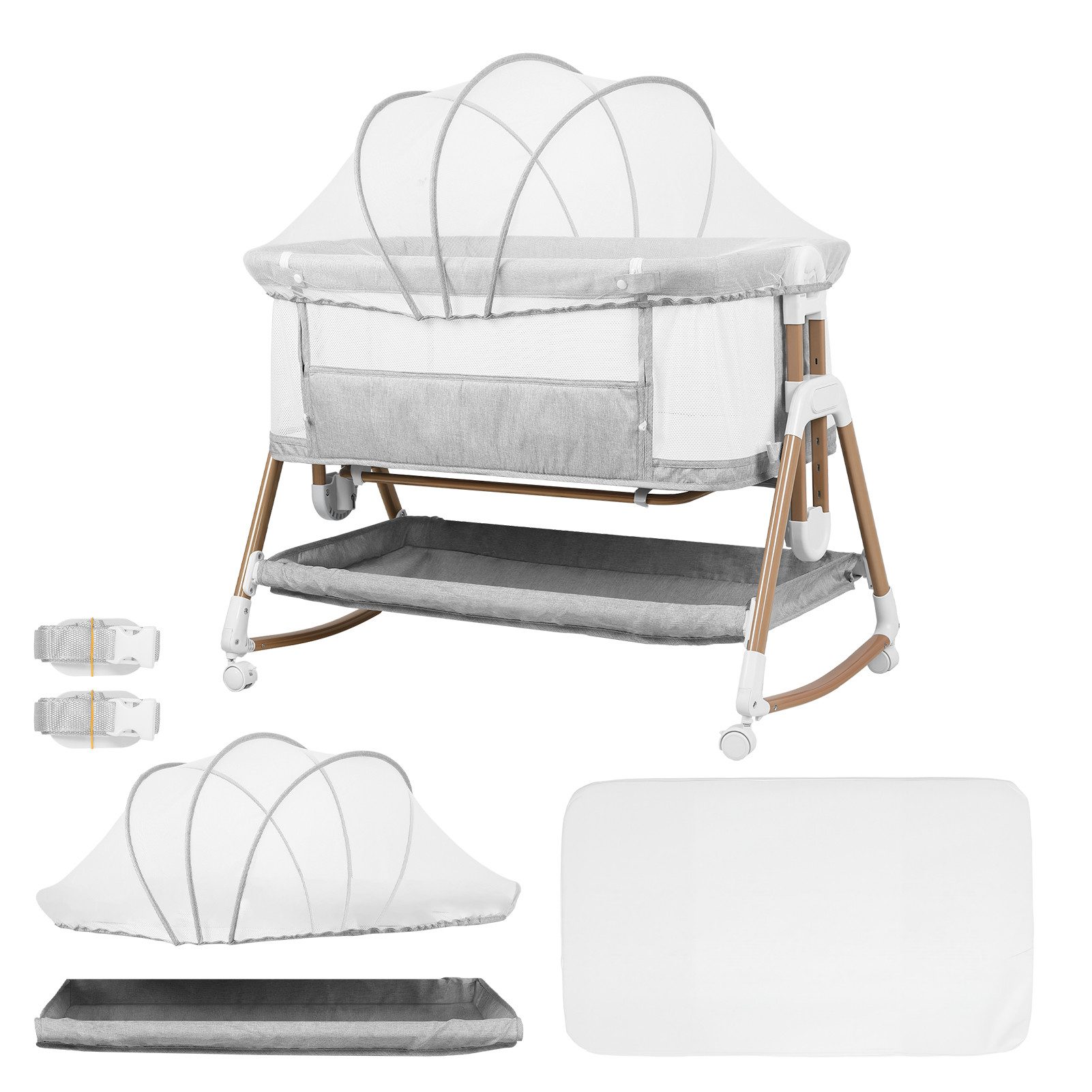 Rutaqian Beistellbett 3-in-1-Babywiege, Schaukelwiege mit weicher Matratze und Rollen, 6-fach höhenverstellbares, mobiles Beistellbett für Neugeborene