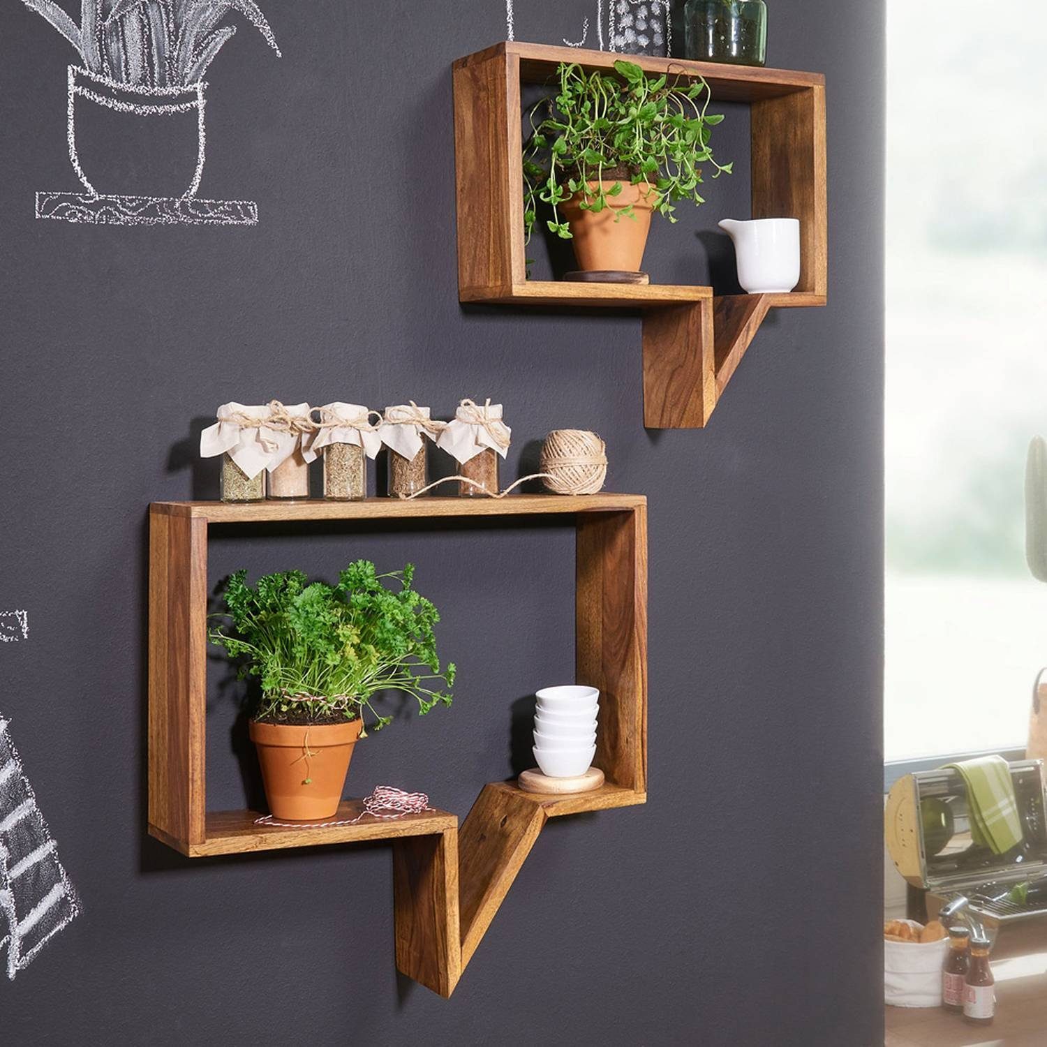 Lomadox Wandregal, 2er Set Wandregale Massivholz Sheesham Holzregal