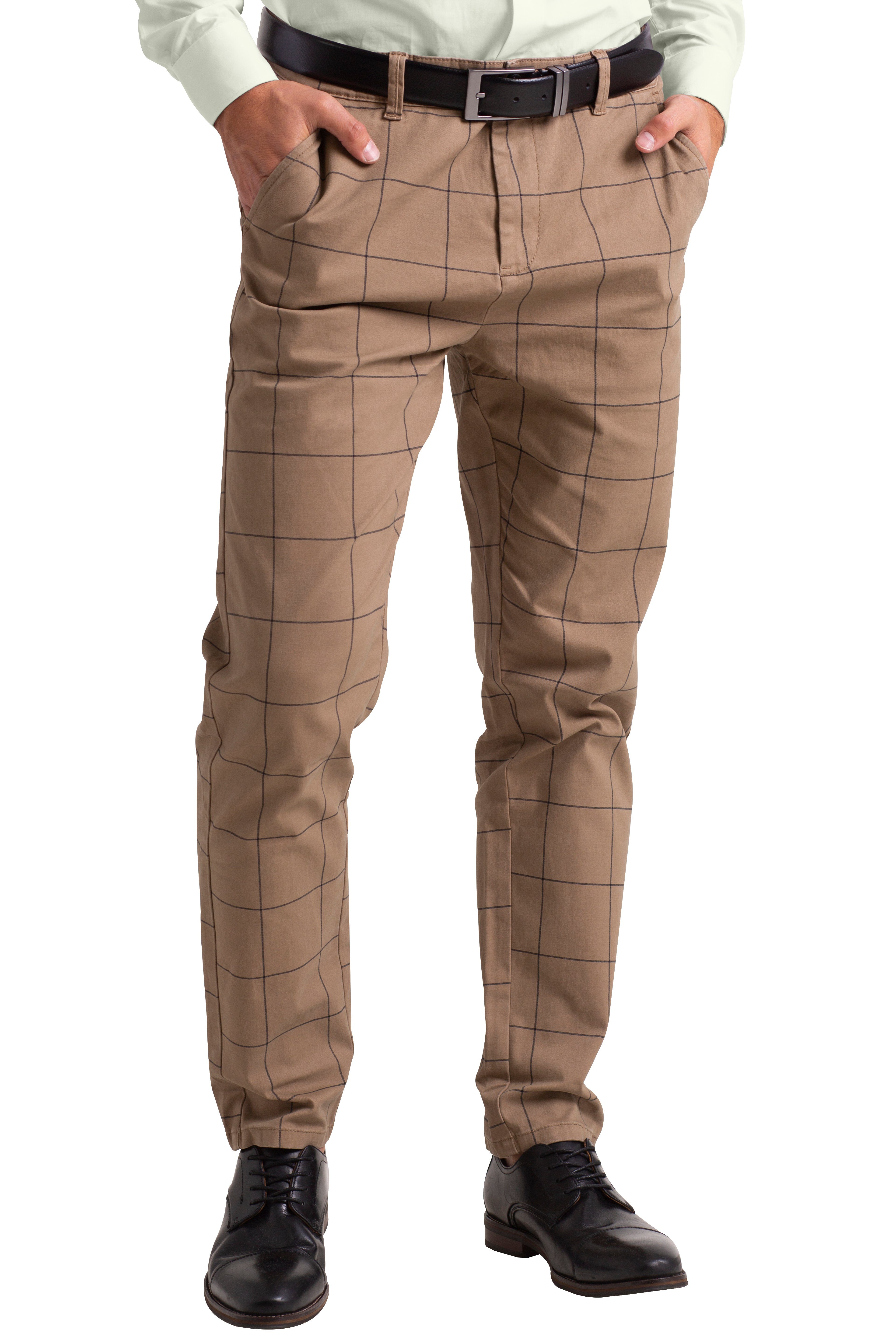 BlauerHafen Chinohose Herren Formaler Check Hose Slim-Fit Vintage Office Business Full Pants 4 Pockets(2 Front 2 Back), All sizes available 30''-38'' Khaki | Trachtenhosen