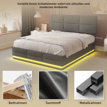 Fine Life Pro Bett Weicher, hautfreundlicher Samtstoff-Bett mit Hydrauliksystem, (großzügigem Stauraumbett, integrierten LED-Leuchten und USB-Ladegerät), ideal für Schlafzimmer und Wohnung