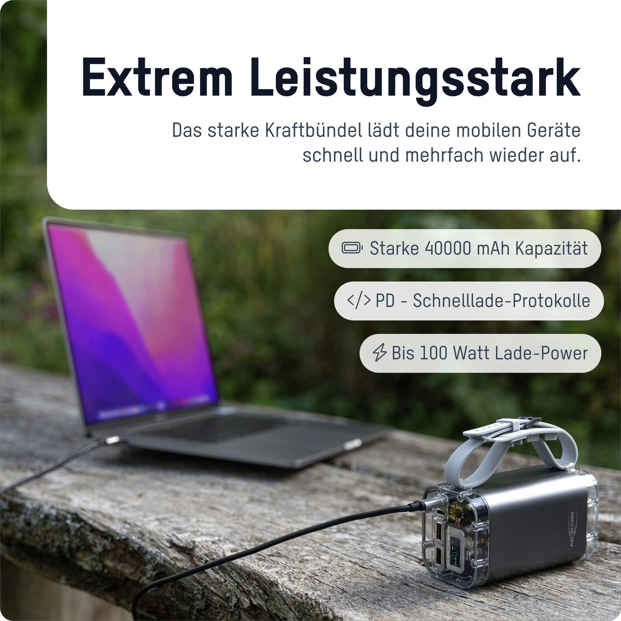 ANSMANN AG Wasserfeste Powerbank mit einer starken Kapazität von 40.000 mAh, 100W Powerbank