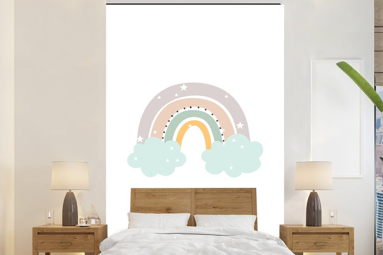 MuchoWow Fototapete Regenbogen - Sterne - Punkte - Wolken - Kinder, Matt, bedruckt, (3 St), Montagefertig Vinyl Tapete für Wohnzimmer, Wandtapete
