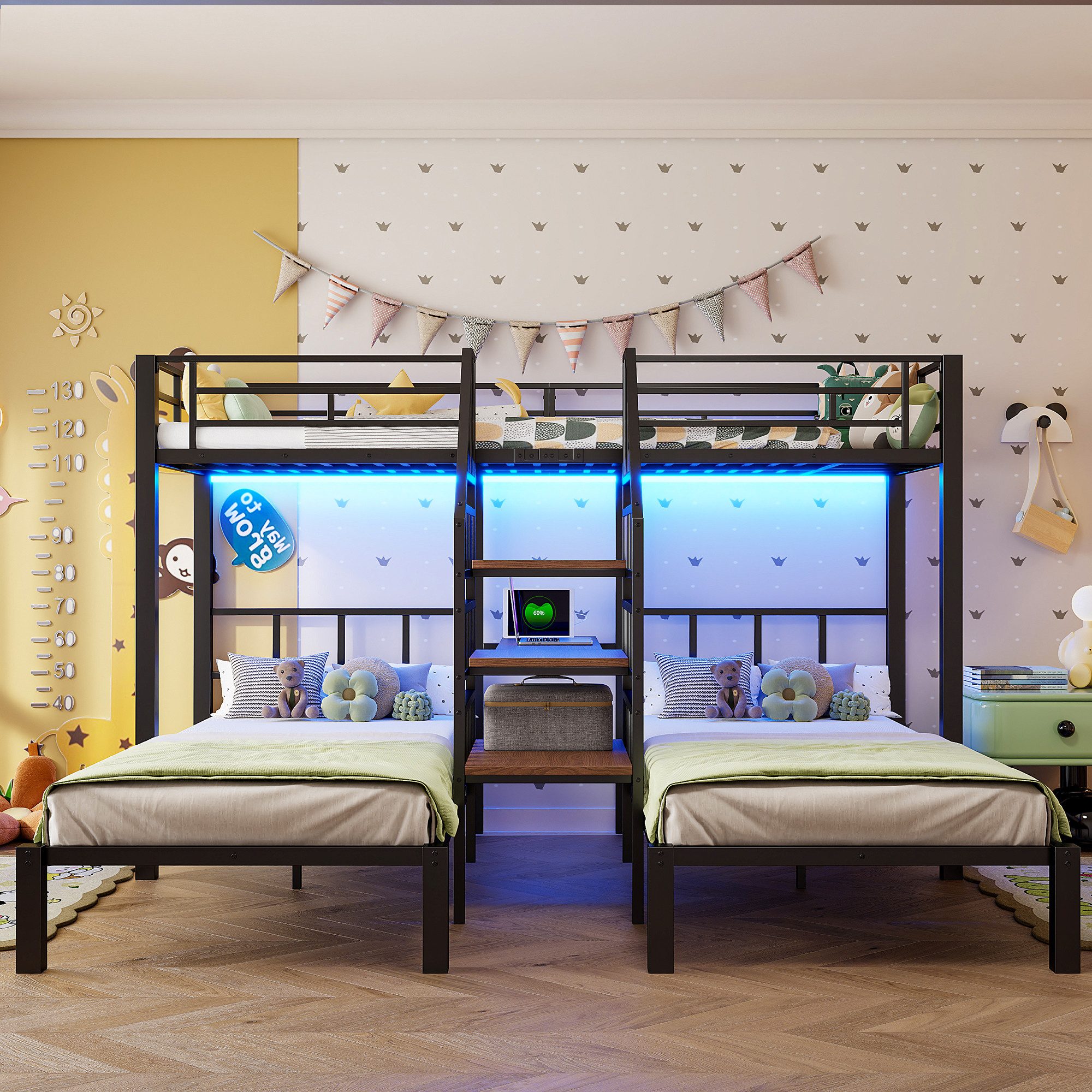Flieks Etagenbett, Dreierbett Metall Kinderbett 90x200cm mit Schreibtisch & Ladefunktion