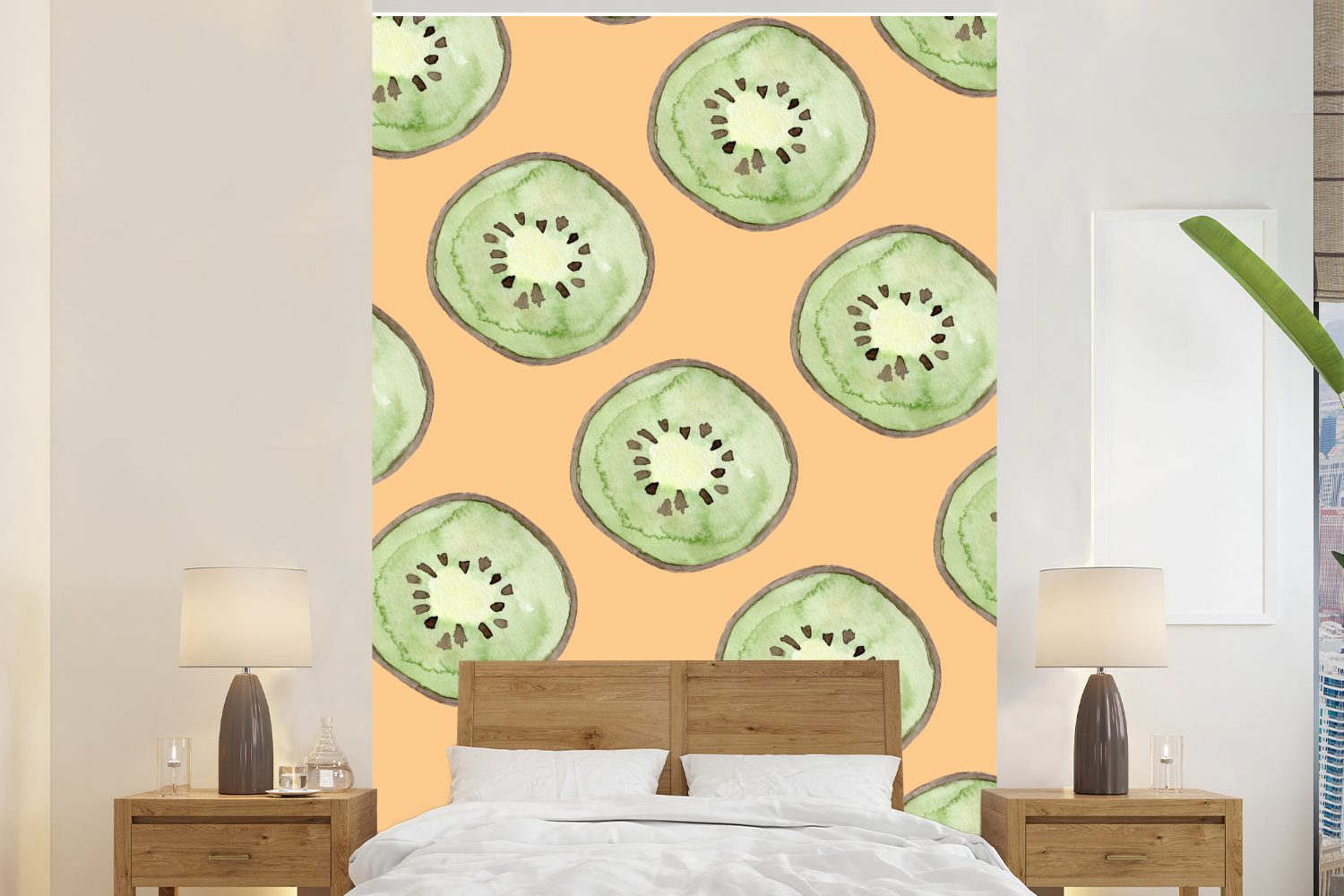 MuchoWow Fototapete Kiwi - Aquarell - Orange, Matt, bedruckt, (3 St), Montagefertig Vinyl Tapete für Wohnzimmer, Wandtapete | Fototapeten