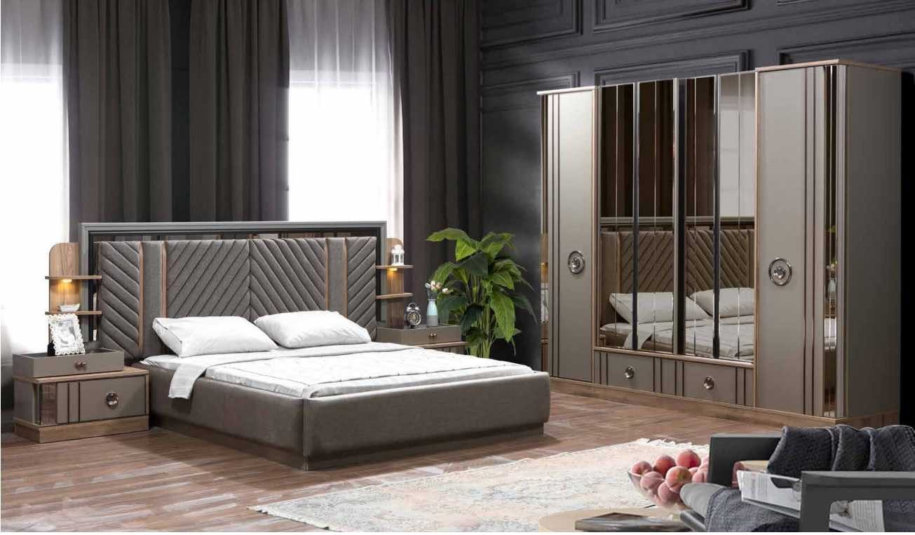 JVmoebel Schlafzimmer-Set Luxuriöses Schlafzimmermöbel-Set in Grau mit Bett und Nachttischen, (4-tlg., Bett, 2x Nachttisch, Kleiderschrank), Made in Europa