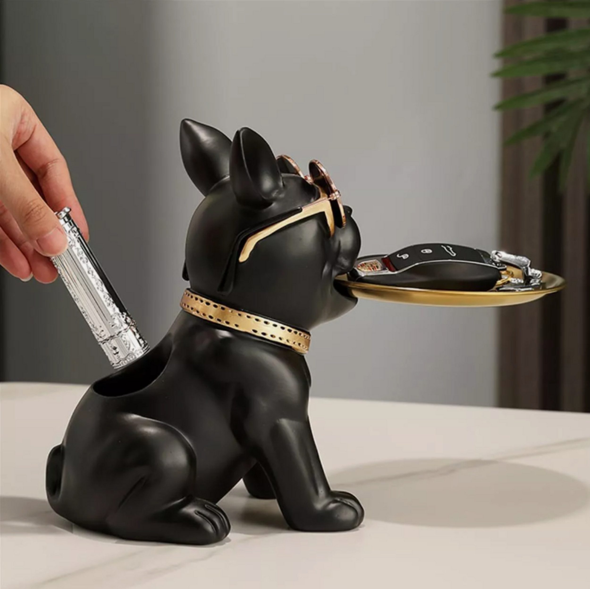 Holz Lichter Tierfigur Französische Bulldogge Figur Schlüssel Schale Schmuck (1 St), Aufbewahrungsbox Tablett
