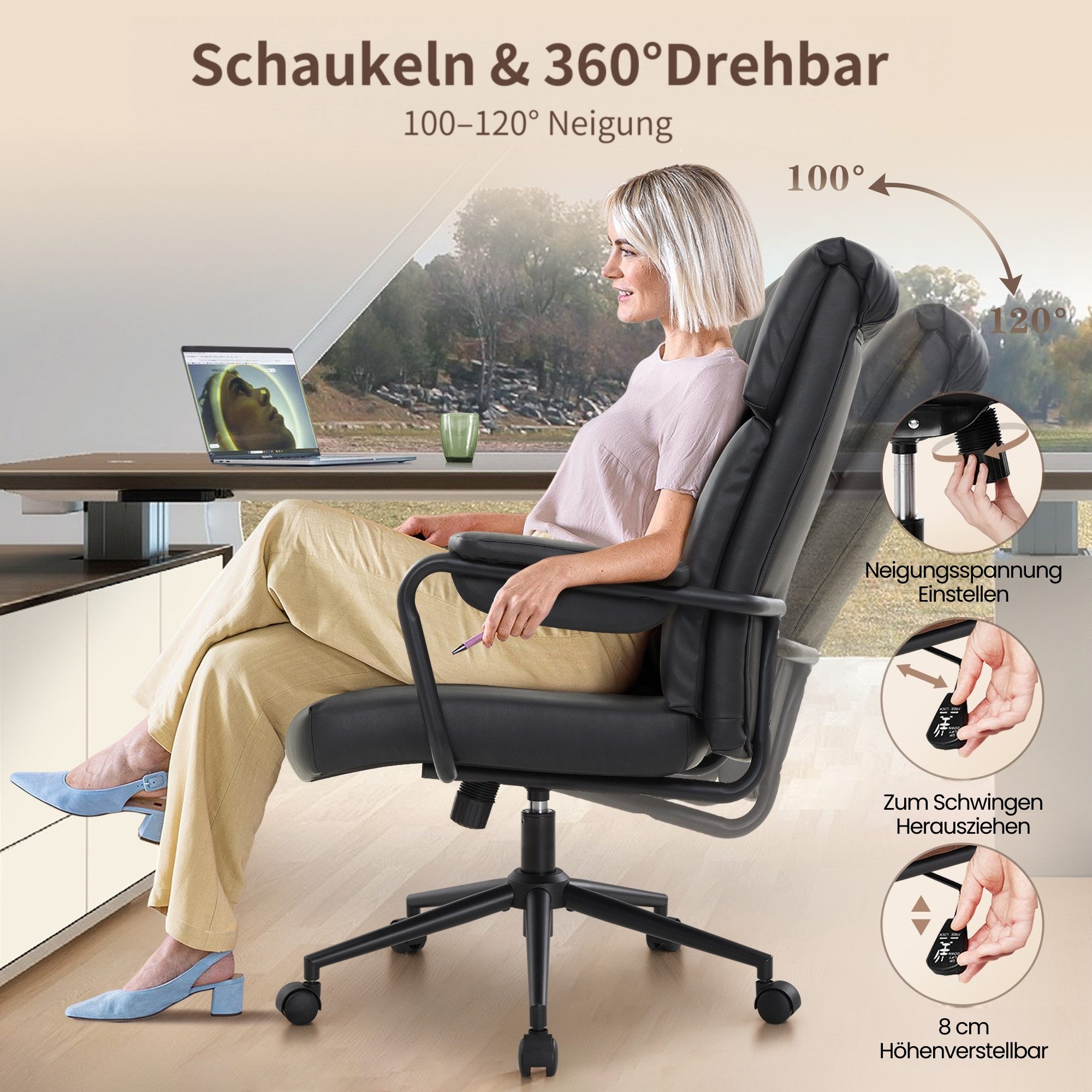 IWMH Bürostuhl Ergonomischer Chefsessel, Retro PU-Leder Drehstuhl, Schreibtischstuhl mit Lendenwirbelstütze Höhenverstellbar Gaming Stuhl