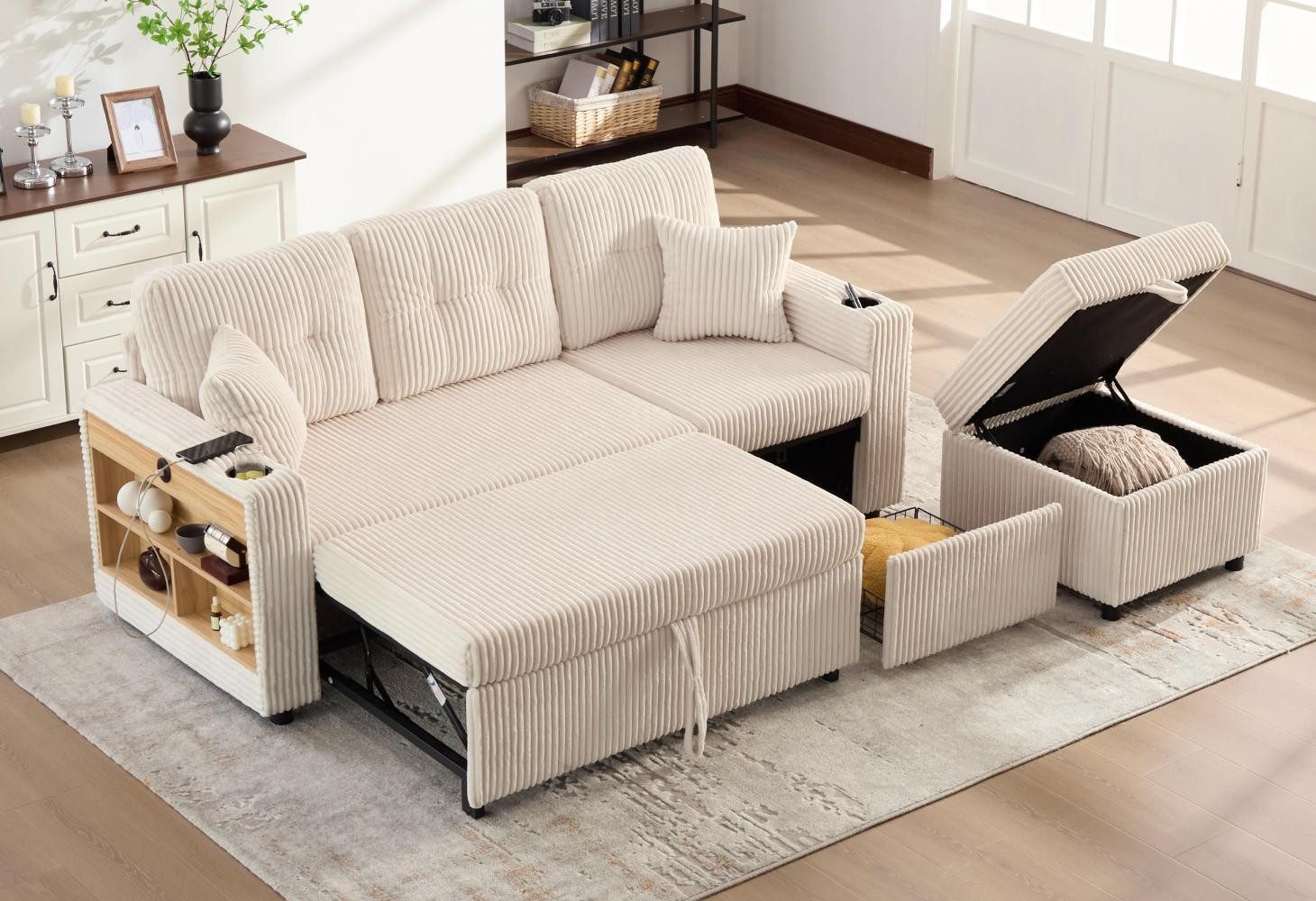 LVHOM Schlafsofa 3er-Sofa, mit Ausziehbett, Aufbewahrungshocker, Cordstoff,robust und stabil, Inklusive seitlichen Staufächern und Schubladen auf Rollen, Ausgestattet mit USB-C-Ladeanschluss, LED-Beleuchtung, zwei Getränkehaltern,zwei Zierkissen breiten Armlehnen und einer dicken Rückenlehne, Tragfähigkeit 350kg, für Wohnzimmer, Arbeitszimmer und Gästezimmer