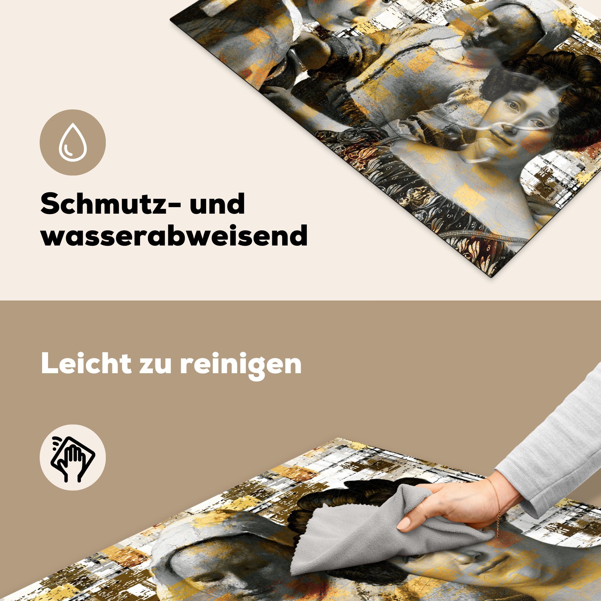 MuchoWow Herdblende-/Abdeckplatte Collage - Vinyl, die tlg), für Induktionskochfeld küche, cm, Mondrian 81x52 Ceranfeldabdeckung (1 - Gold, Schutz