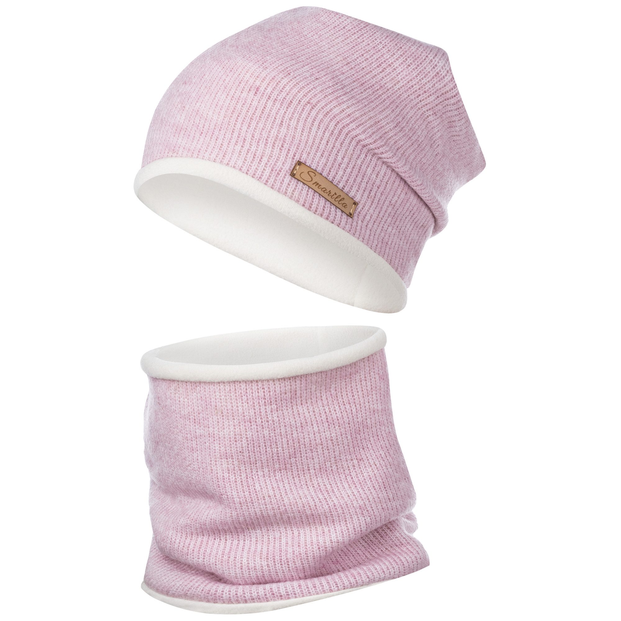 Smarilla Mütze & Schal Winterset Beanie Strickmütze Strickschal Wolle mit Fleece gefüttert