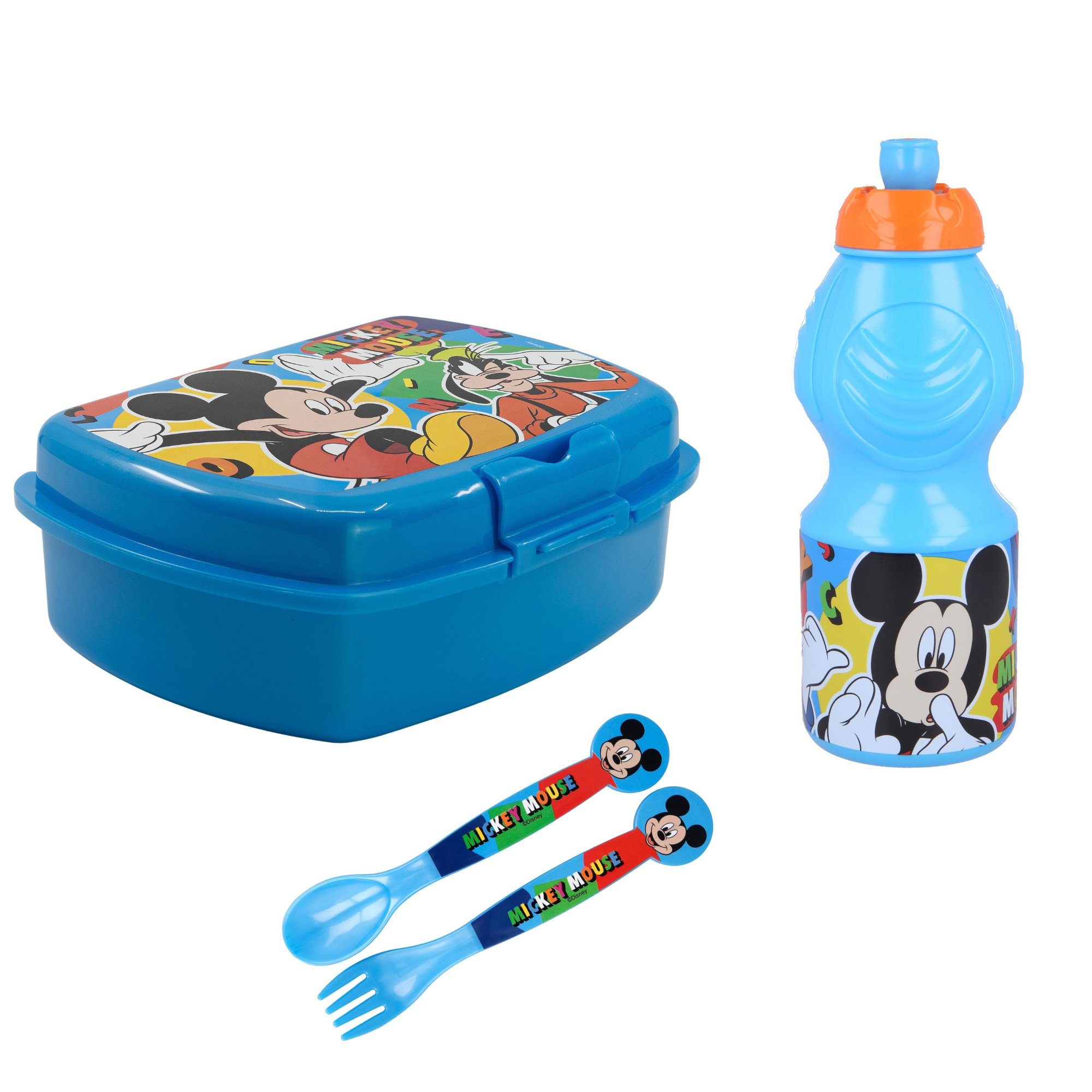 4 teiliges (4-tlg) Set Mickey Brotdose Lunchbox Besteck, Mouse Trinkflasche Disney -