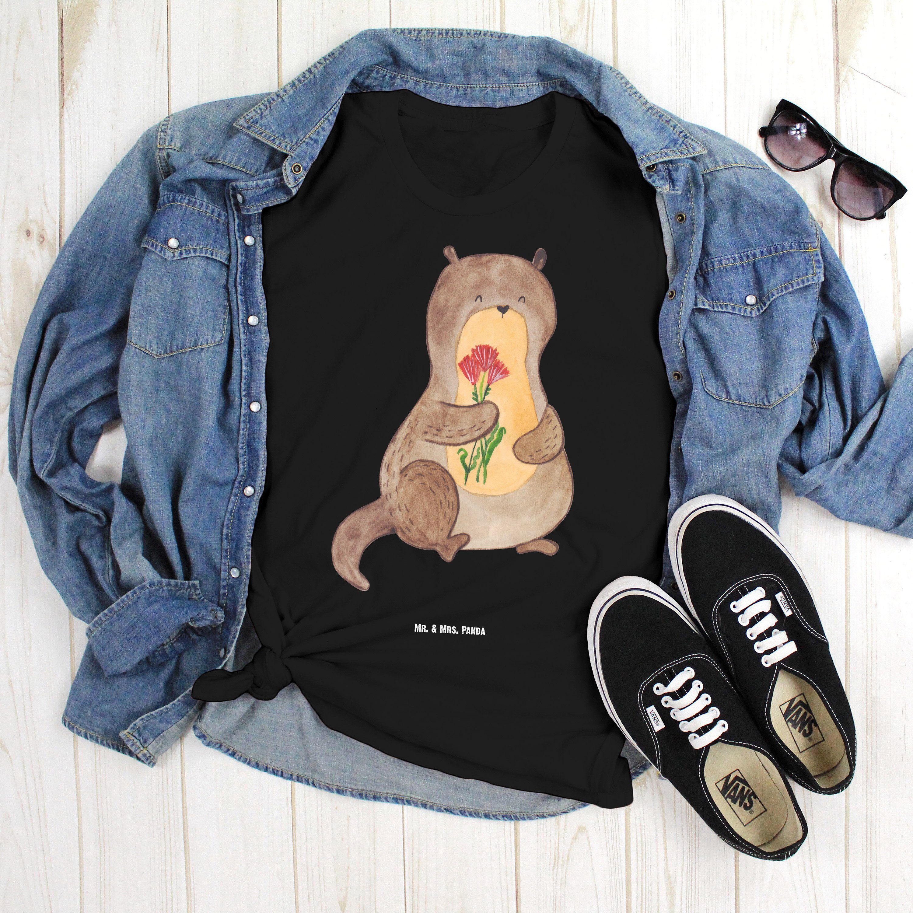 Mr. & Mrs. Panda T-Shirt Otter Blumenstrauß, Tshirt, Schwarz, Seeotter, Blumenstrauß, T-Shirt, (Packung) Großes T-Shirt Süß Übergrößen Herren T-Shirt