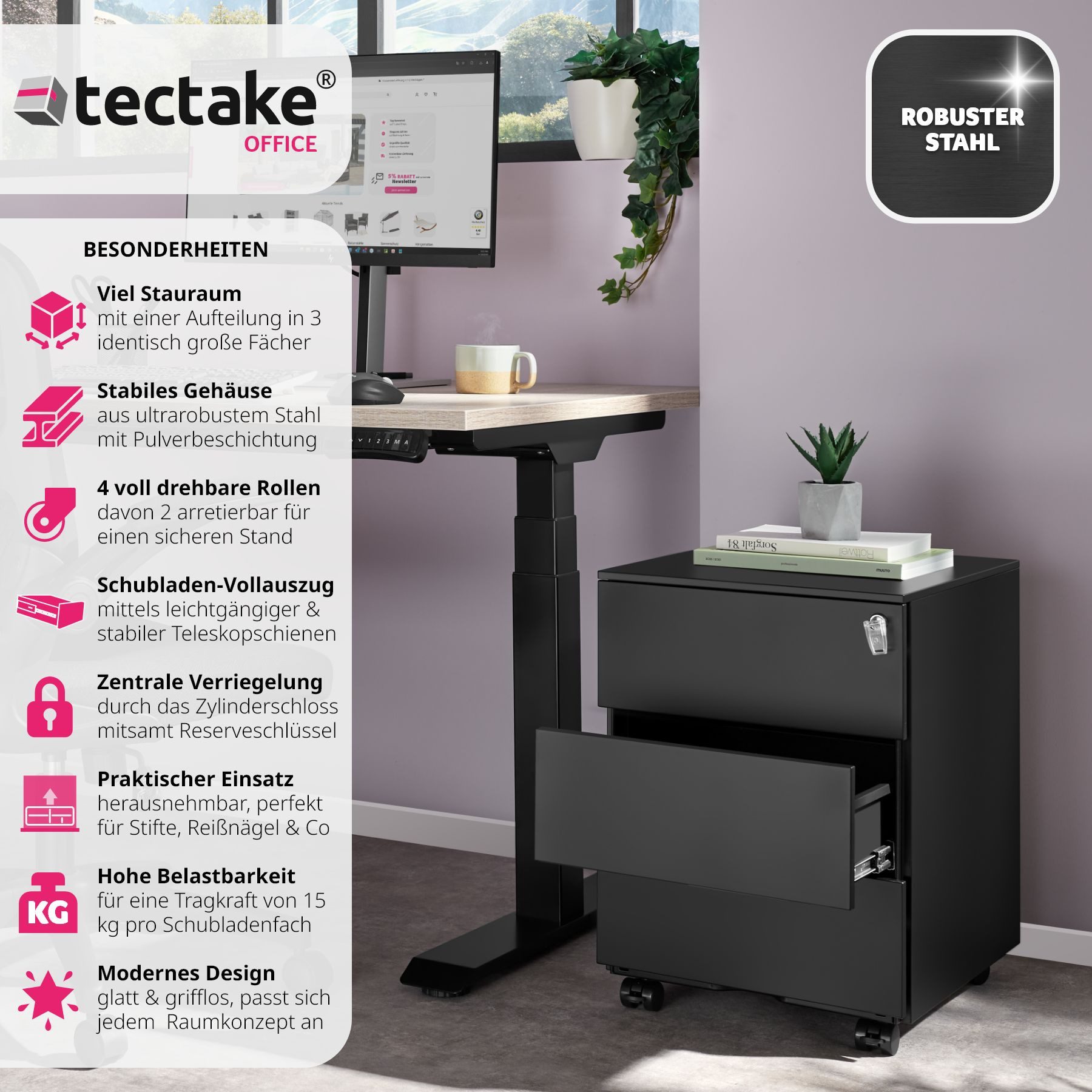 tectake Rollcontainer Aktenrollschrank, aus pulverbeschichtetem Stahl günstig online kaufen
