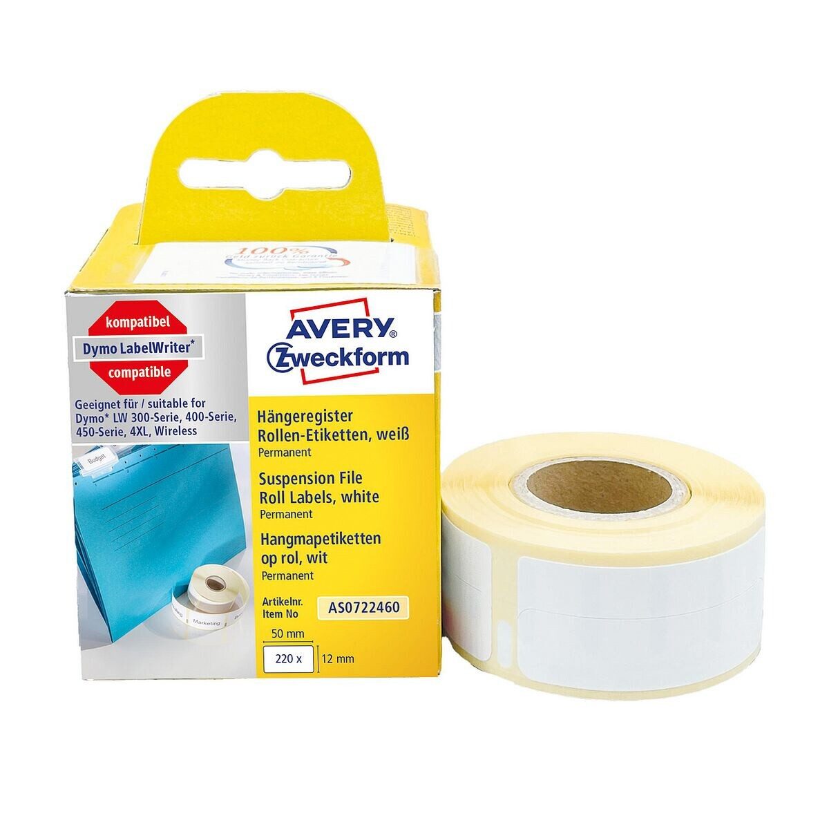 Avery Zweckform Thermorolle AS0722460, entspricht DYMO® S0722460, 220 Hängeregister-Etiketten 12/50 mm
