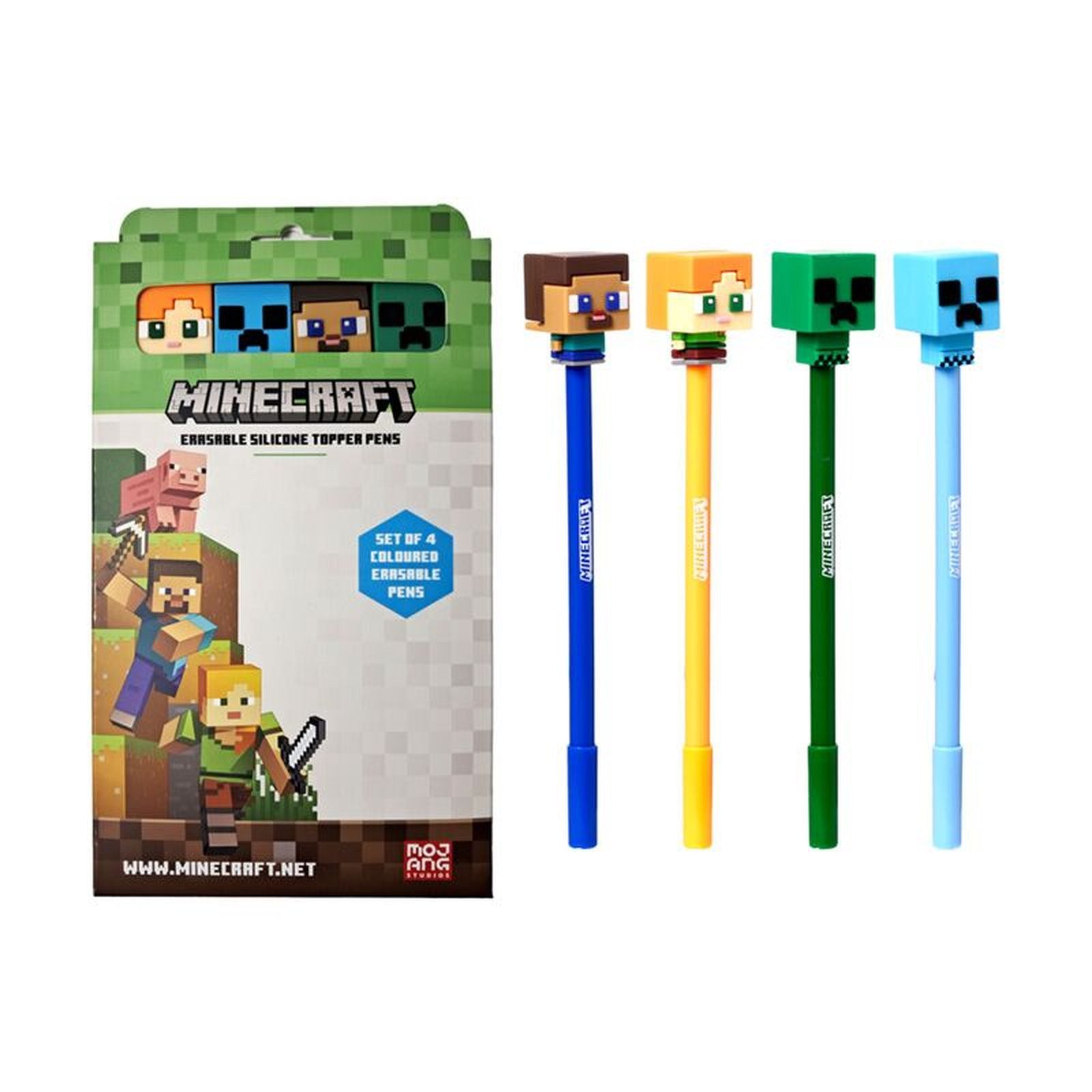 Puckator Fineliner Minecraft Fineliner Kugelschreiber mit Silikon-Topper, (4-tlg), Radierbare Tinte