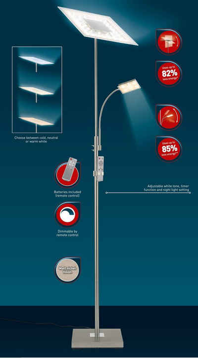 TRANGO LED Stehlampe, 1529 stufenlos dimmbar & Farbtemperatur einstellbar per Fernbedienung LED-Stehlampe in Eckig 36 Watt – 3640 Lumen – 3000-6500K LED Modul *M&S* 180cm hoch schwenkbar & drehbar, modern & chic Standlampe, Wohnzimmer Leuchte, Deckenfluter