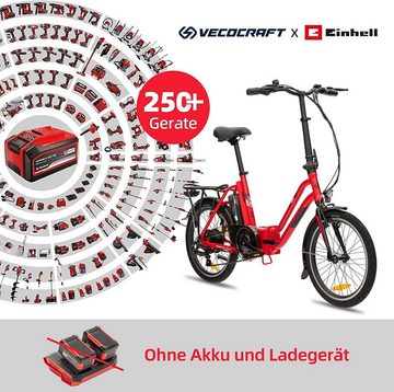 VECOCRAFT E-Bike FOLDY-E kompatibel mit Einhell 18V 2x5.2Ah Akkus, 7 Gang Shimano, Kettenschaltung, Heckmotor
