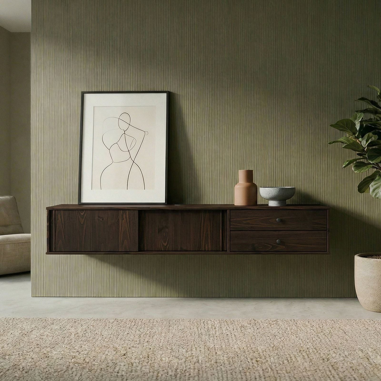 IDIMEX Lowboard SIMONA, TV Lowboard 175 cm hängend Massivholz 2 Schiebetüren Nussbaum Finish