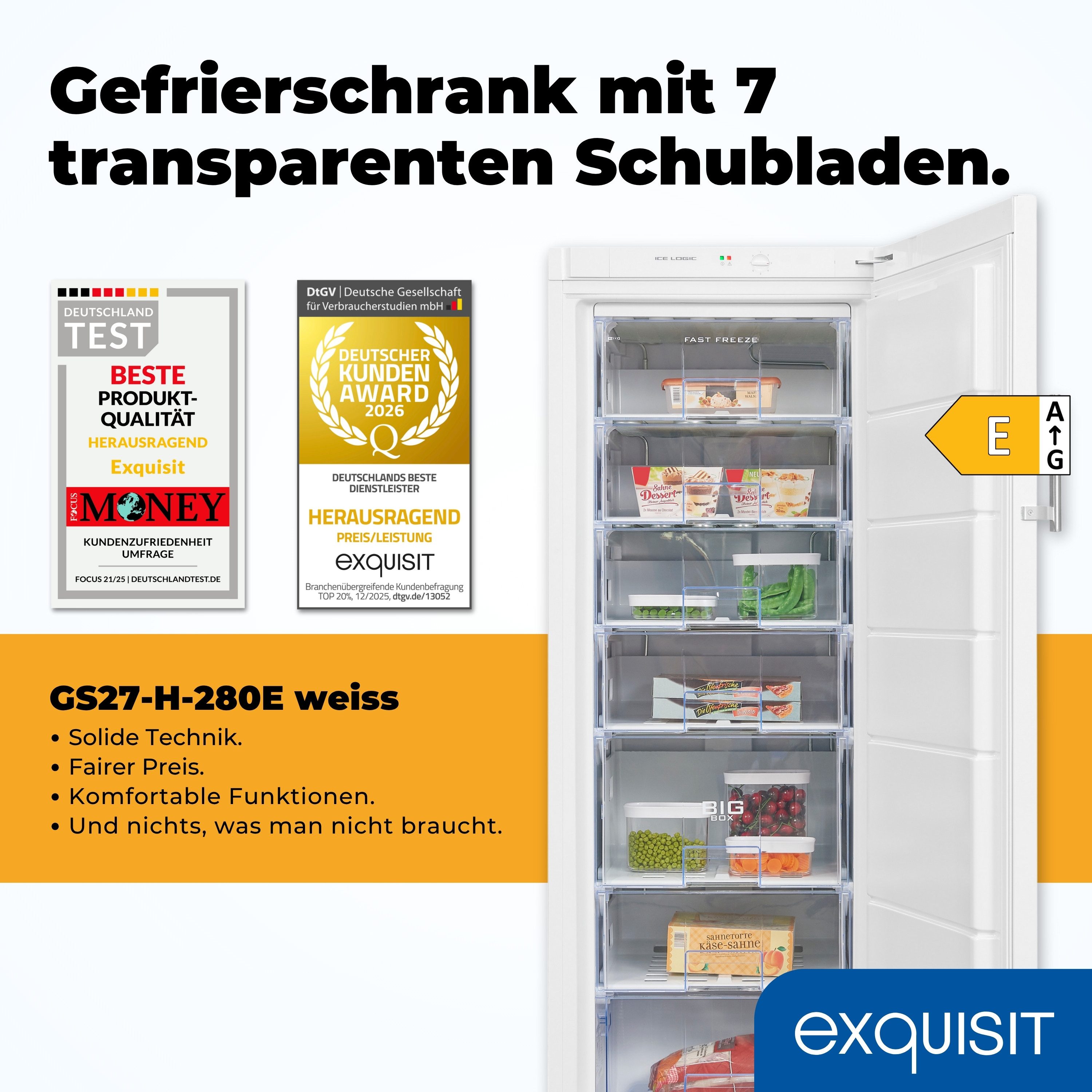exquisit Gefrierschrank GS527-H-280E weiss, 163 cm hoch, 60 cm breit, Gefrierschrank mit Geräumigen Gefrierschubladen, inkl. BigBox – Bild 2 von 5