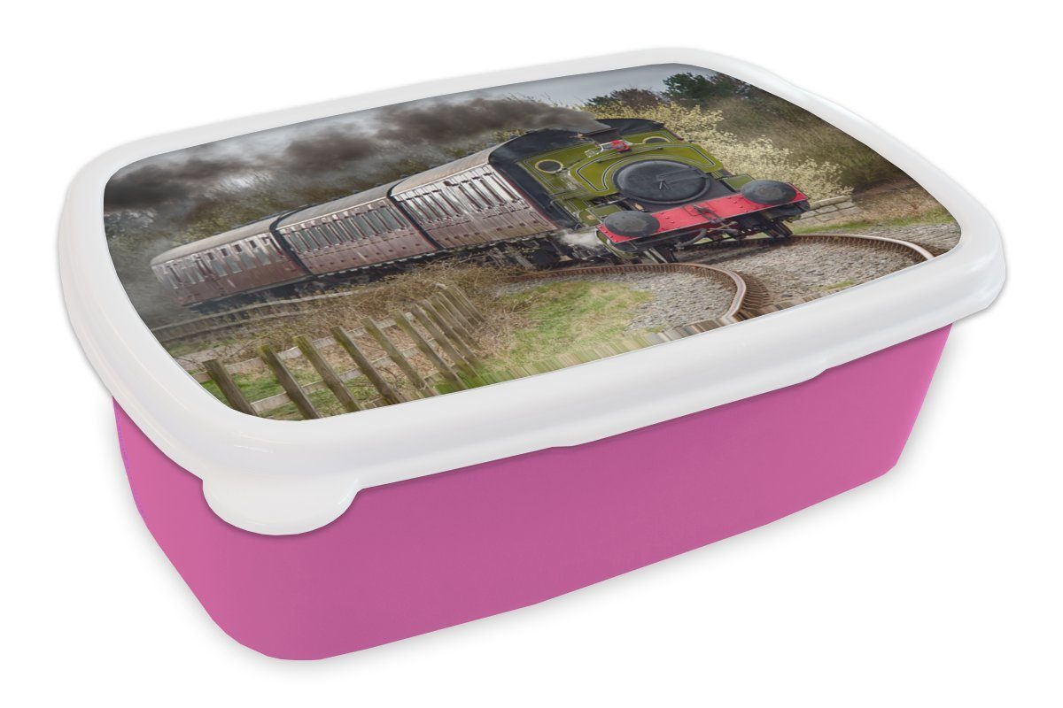 MuchoWow Lunchbox Ein herannahender Dampfzug, Kunststoff, (2-tlg), Brotbox für Erwachsene, Brotdose Kinder, Snackbox, Mädchen, Kunststoff rosa