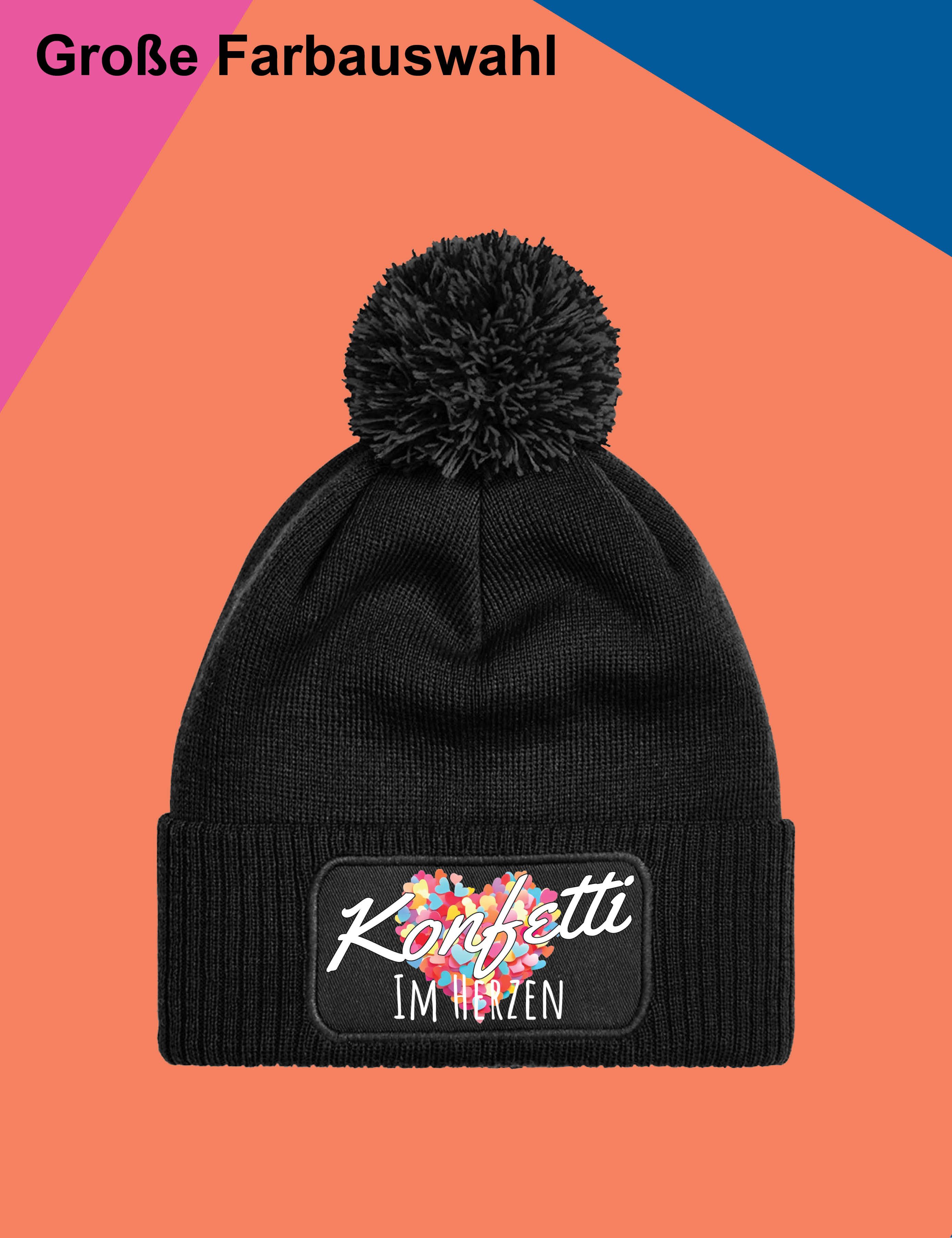 Youth Designz Bommelmütze Unisex Strick Bommel Beanie Mütze Konfetti im Herz Aufdruck Geschenk mit lustigen Logo für Damen und Herren