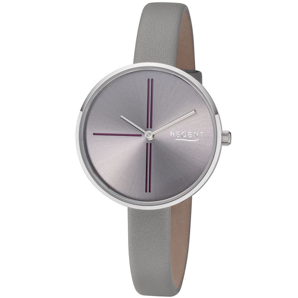 Regent Quarzuhr REGENT Damen Armbanduhr BA-485 anthrazit D. 34mm Lederband sehr schmal