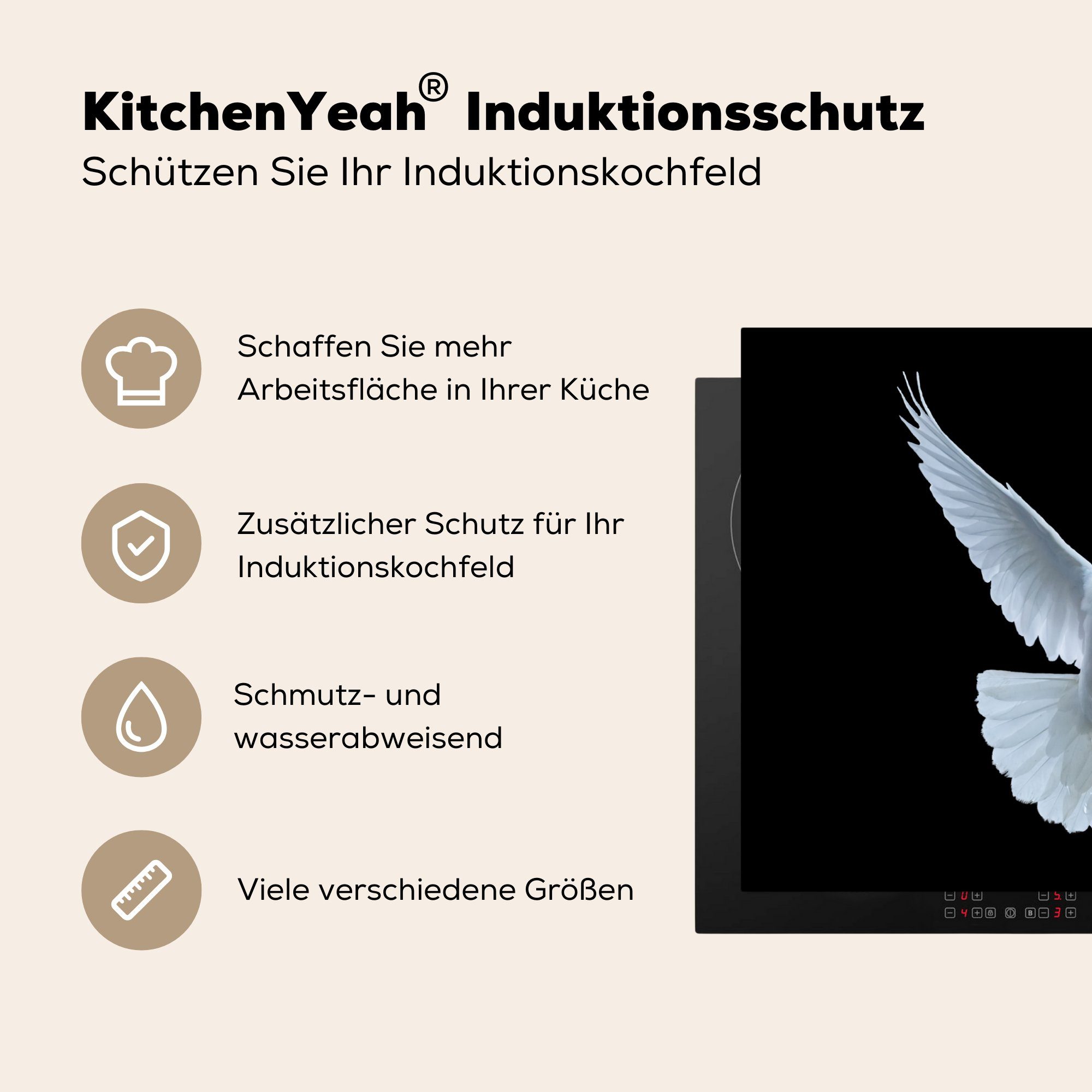küche Weiß Taube MuchoWow - Herdblende-/Abdeckplatte Vinyl, Arbeitsplatte tlg), - - Porträt, Vogel Ceranfeldabdeckung, cm, für - (1 Schwarz 77x51