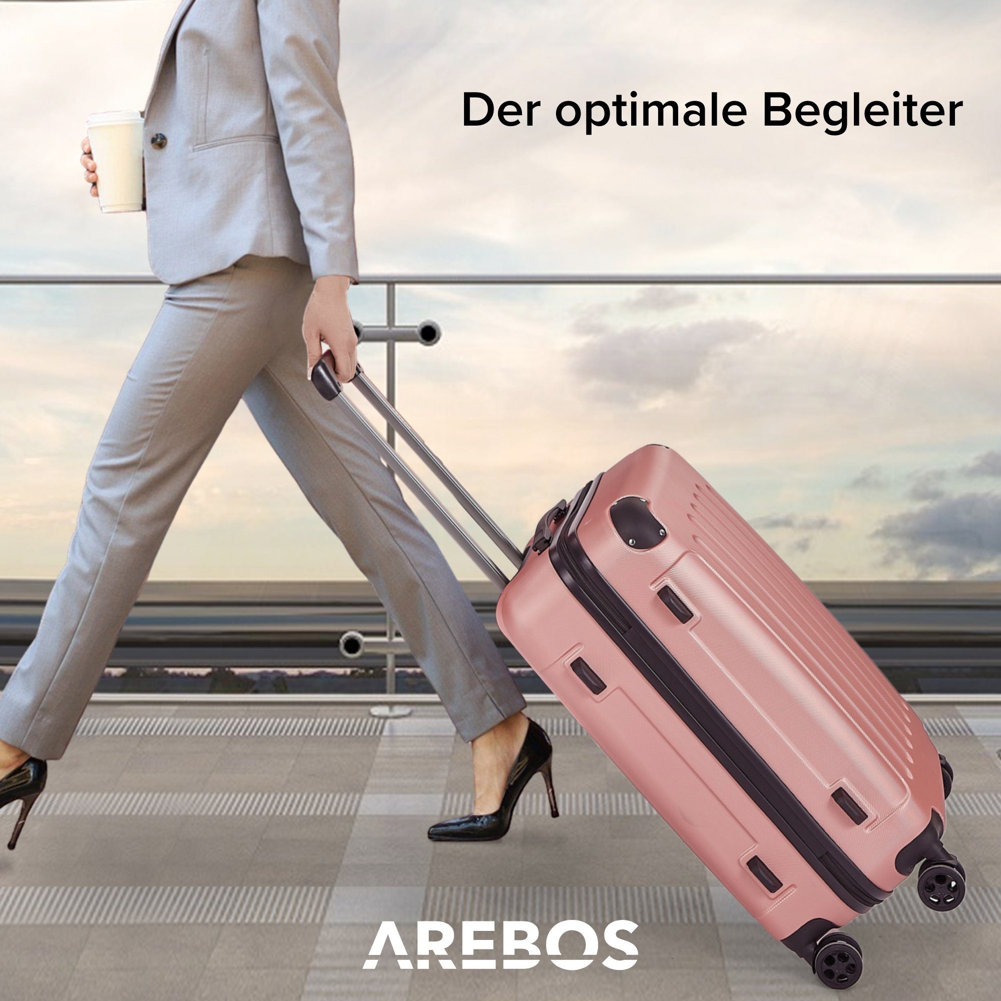Arebos Kofferset Reisekoffer 4er Set Hartschalen Koffer Trolley S-M-L-XL-Set, 4 Rollen, (Set, Rose Gold), Teleskopstange