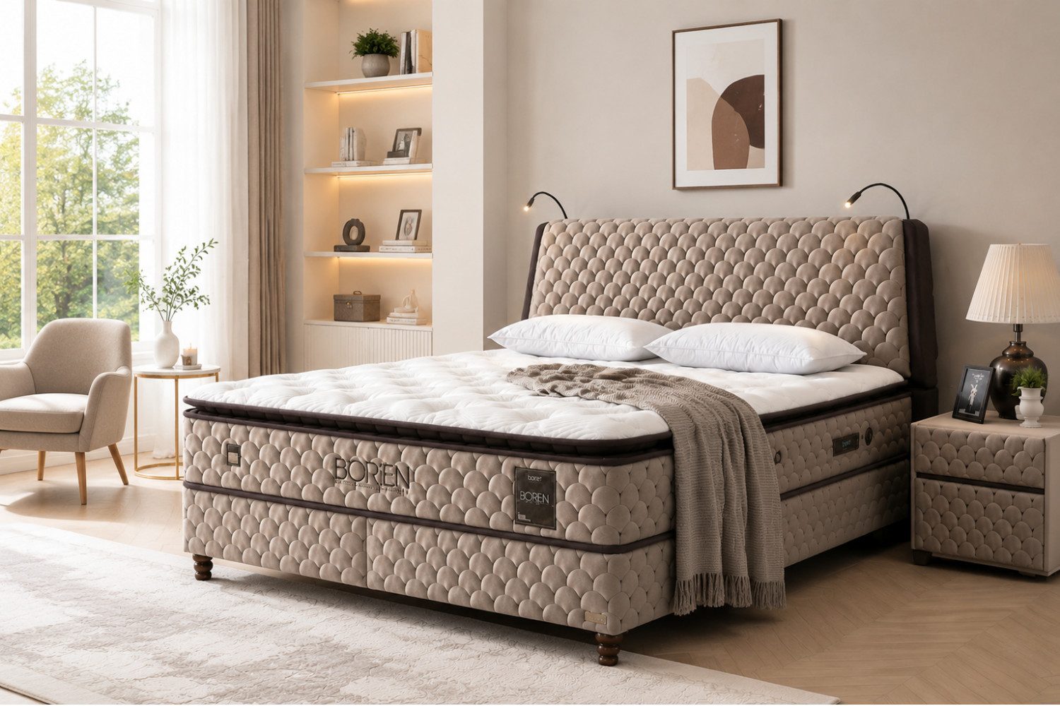 BAMBI YATAK Boxspringbett mit Matratze & Stauraum, Bambi Borjen, Komplettbett, Lampe - USB, H3 (90x200 Bett mit Matratze, 1 x H3 Mittelfest Matratze, 2 x Bettkasten, 1 x Bettkopfteil), Taschenfederkern, Bett mit Bettkasten, Topper