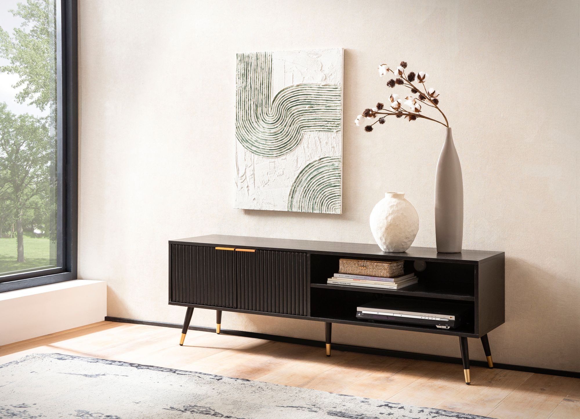 FINEBUY Lowboard FB103280 TV Schrank 150 cm Schwarz Türen Fernsehkommode Ei günstig online kaufen