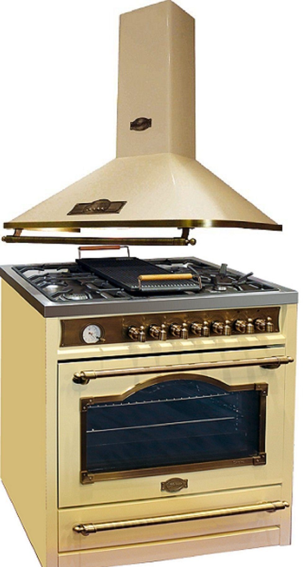 Kaiser Küchengeräte Gas-Standherd Retro Gasherd mit XXL Elektrobackofen 115L, Heißluftsystem, Infrarotgrill, Drehspieß+Dunstabzugshaube 90 cm HGE 93555 ElfEm+A 9315 ElfEm.., mit 2-fach-Teleskopauszug, Katalytische Selbstreinigung, Gaskochfeld aus Edelstahl, Wokbrenner 4,5 kW, Wandhaube 910 m³/h
