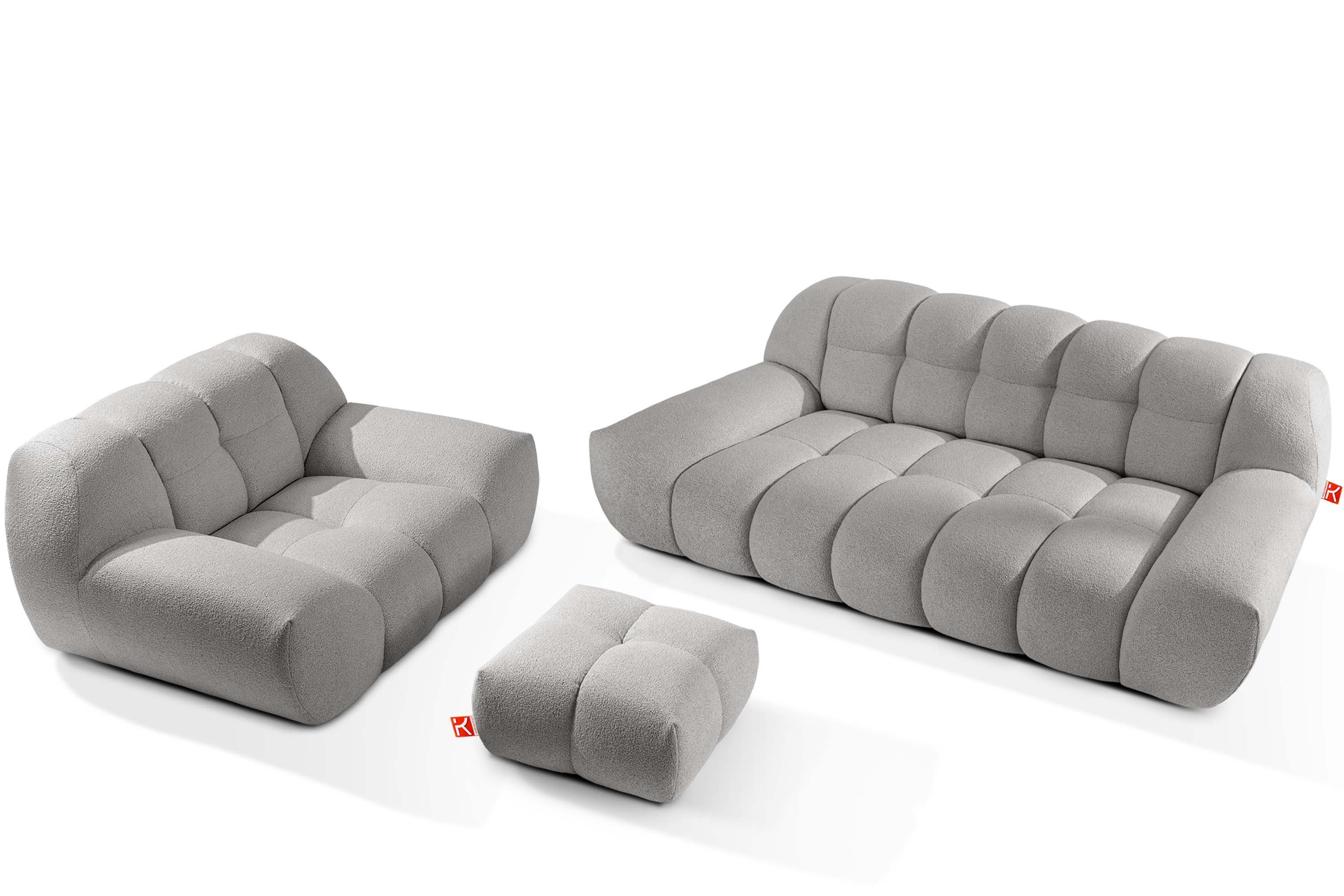 KONSIMO® Polstergarnitur VENA Couchgarnitur, Japandi, Premiumqualität aus EU, (3-tlg., 1x Sessel, 1x Hocker, 1x 2-Sitzer Sofa), handgefertigter Bubble-Effekt, organische Form, Bouclé