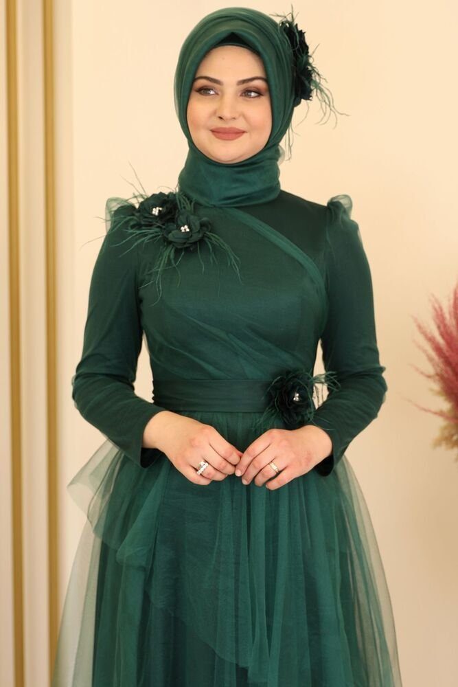 Modavitrini Tüllkleid Damen Abendkleid Abiye Abaya Hijab Kleid Maxikleid (CICEK) mit Blumendetails