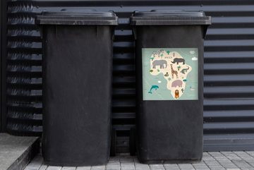 MuchoWow Wandsticker Afrika - Weltkarte - Kinder - Tiere - Jungen - Blau - Kinder (1 St), Mülleimer-aufkleber, Mülltonne, Sticker, Container, Abfalbehälter