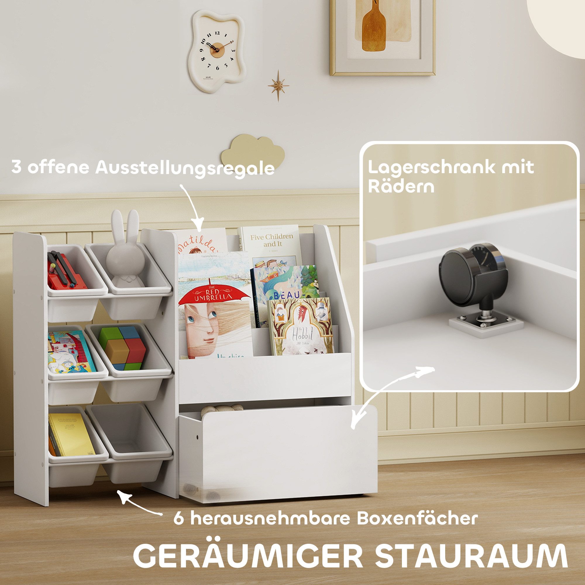 AIYAPLAY Toy Chest with 6 Removable Storage Boxes, Book Shelf, Rolling Box (Children's Shelf, 1 pc., Children's Bookcase), with Wheels, for Children's Room, Playroom, 100x30x80 cm, White