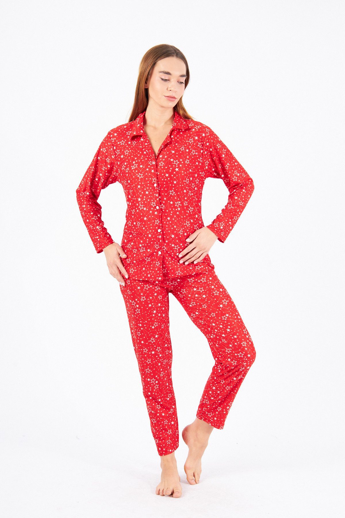 fashionshowcase Schlafanzug Damen Pyjama Set Langärmliges Hemd Lange Hose 100% Baumwolle (Zweiteiler, Nachthemd mit Hose) mit Knopfleiste