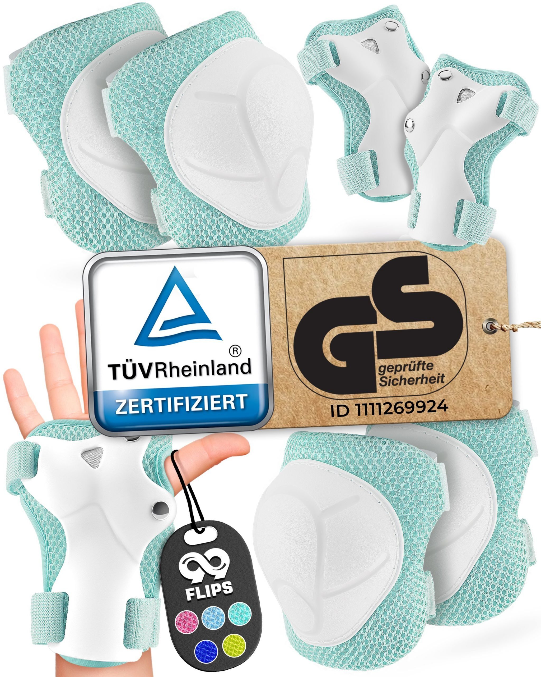 99FLIPS Protektoren-Set Schoner Inliner skates Kinder Set Skateboard Protektoren Schützer (Knieschoner Kinder Schutzausrüstung für Rollschuhe & Skateboard, 6-tlg., Knieschützer, Ellenbogen Schützer & Handschützer inkl. Tasche), Schlittschuhe Schoner Gesch