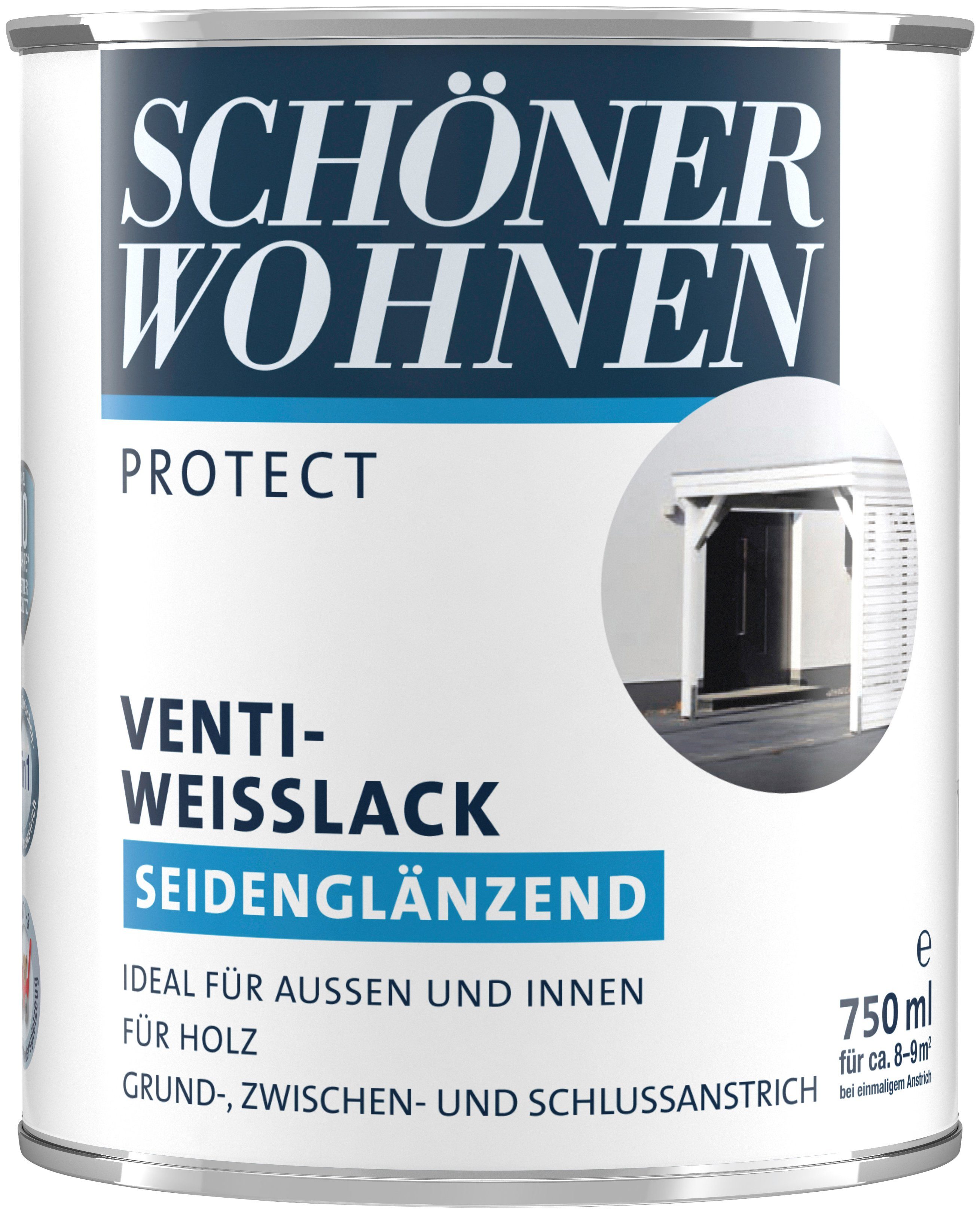 Anstrich 3-in-1 Protect FARBE SCHÖNER Venti-Weisslack, 750 für Weißlack außen WOHNEN innen, und ml, seidenglänzend,