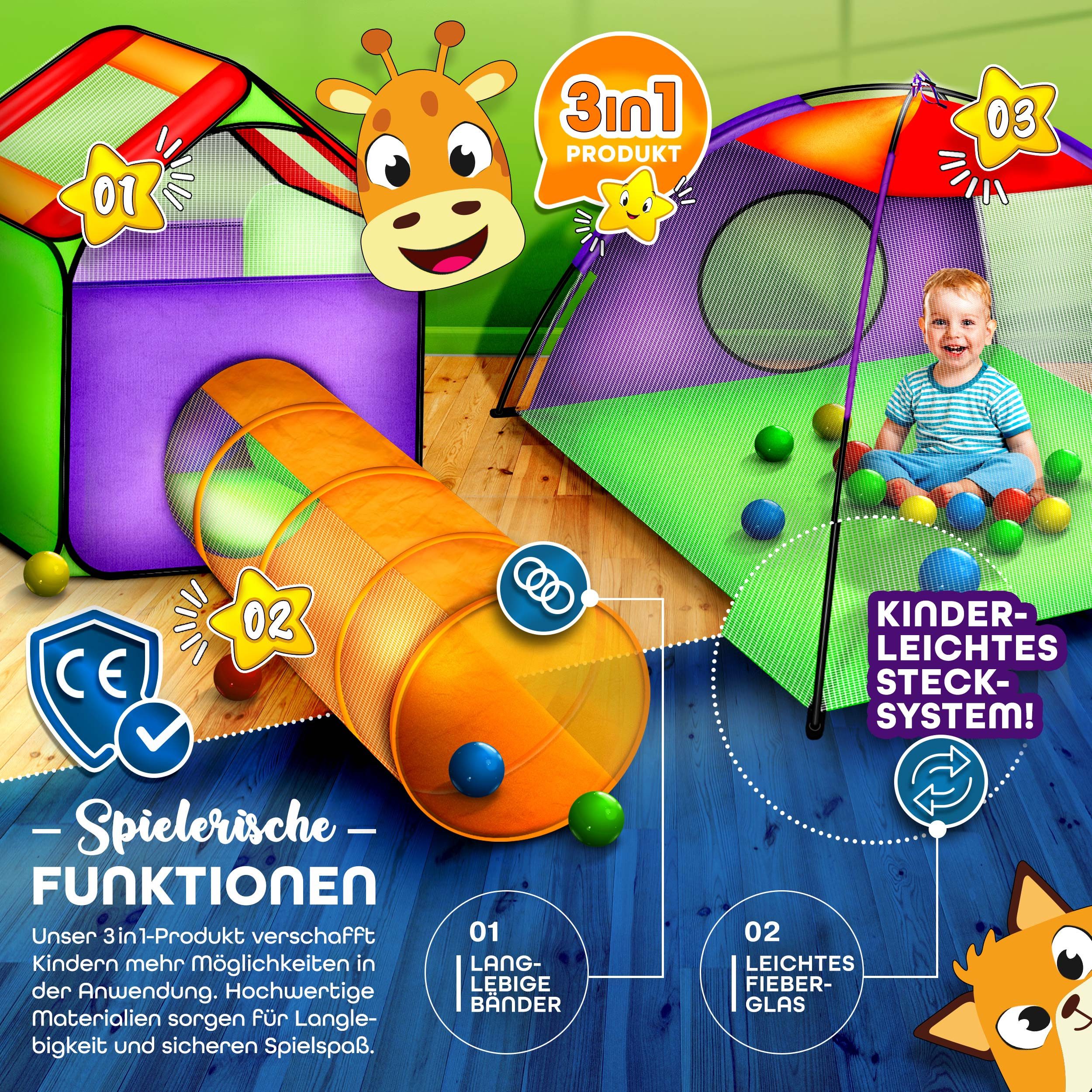 KIDUKU Spielzelt Kinderspielzelt Bällebad Pop Up + Krabbeltunnel + 200 Bälle + Tasche für drinnen und draußen