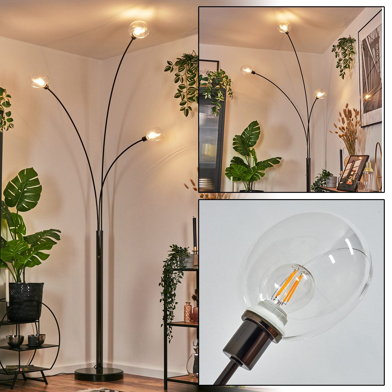 Stehlampe Stehlampe aus Metall in Schwarz/Chrom/Klar im Retro/Vintage-Design